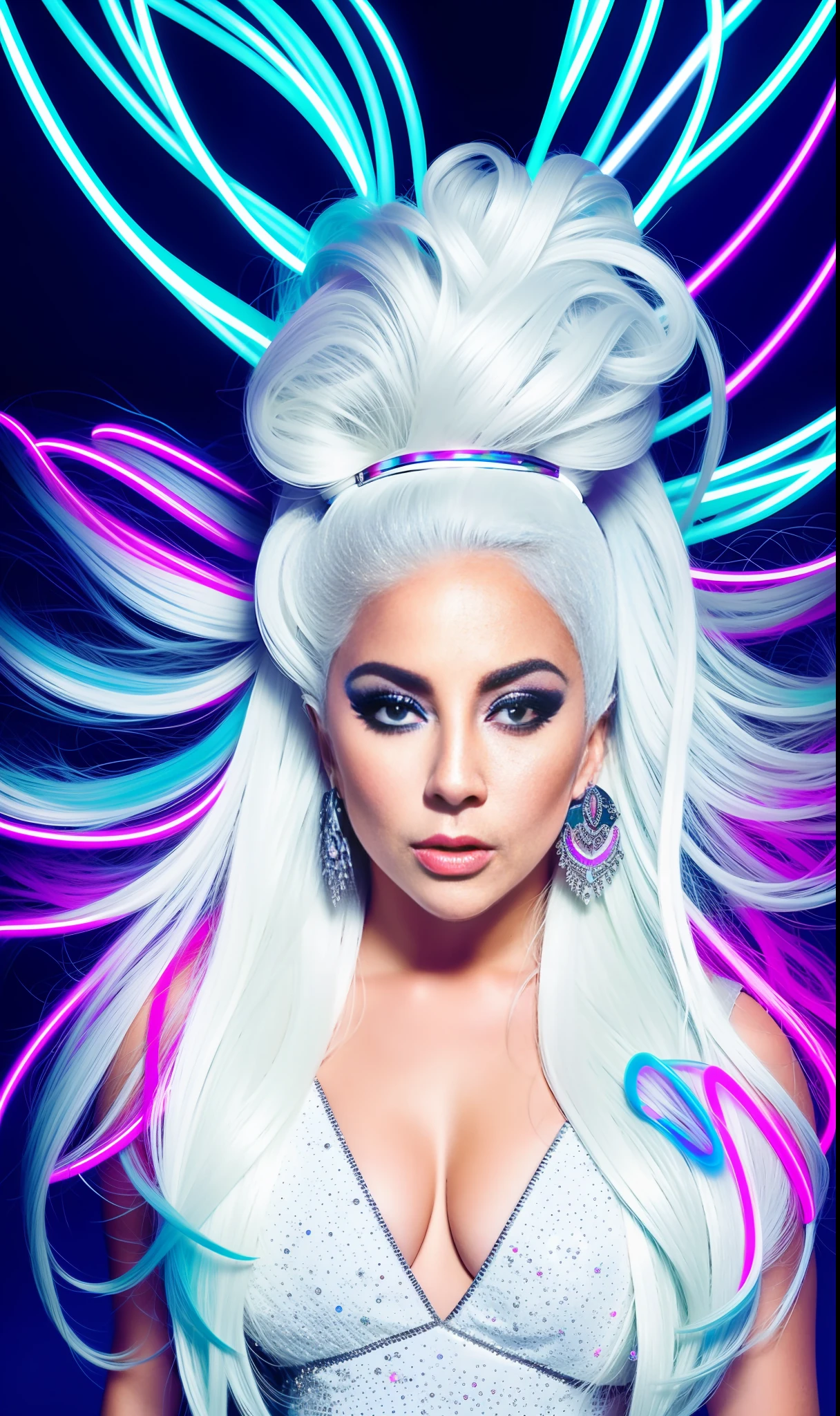 lady gaga with neon print white dress,white hair, 4K texture, long hair, high quality, extravagant hairstyle, original album cover, 8k image, futuristic, high image quality, at night, hair accessories, very realistic and defined face, HD
