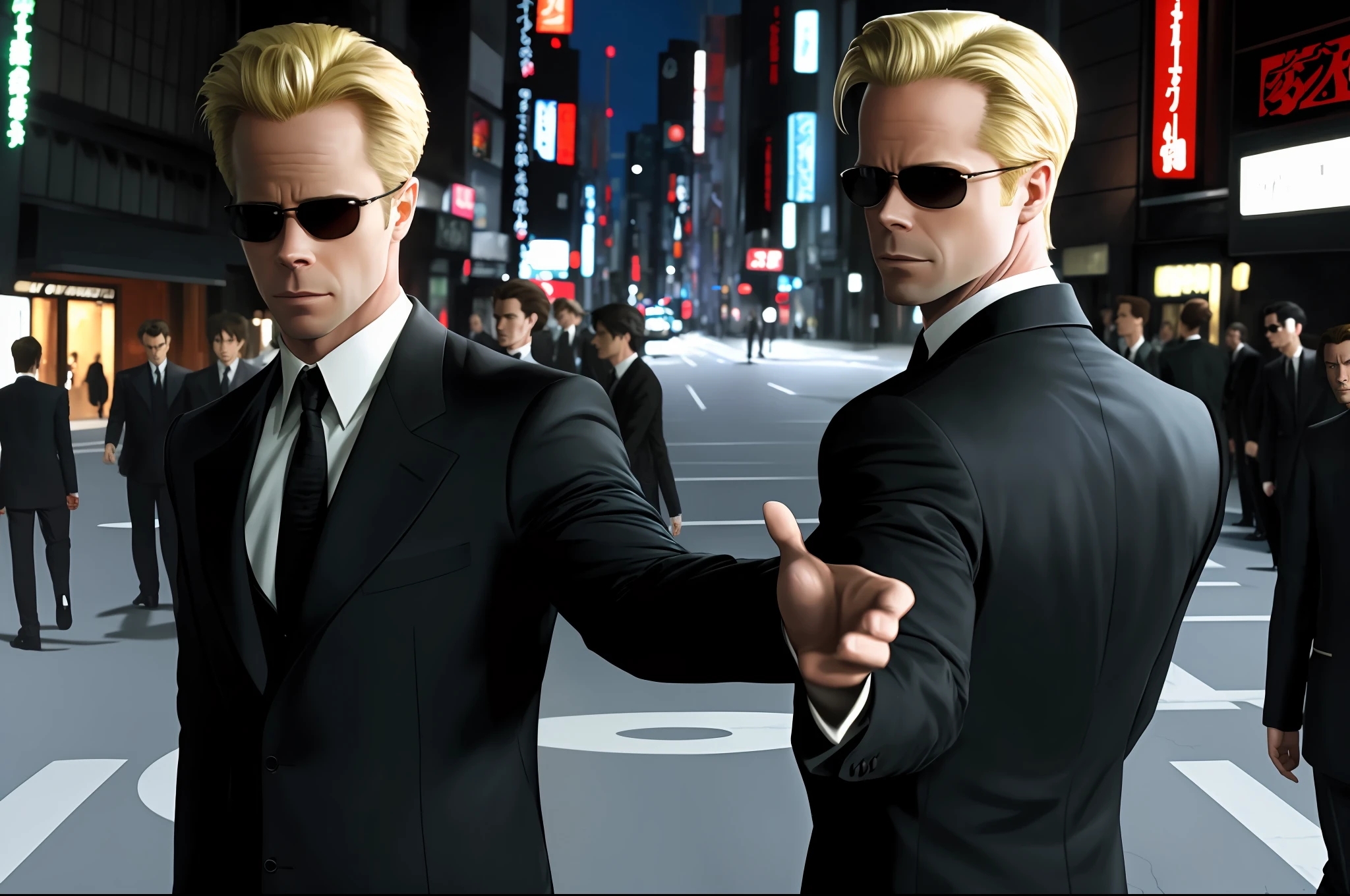 ((best quality)), ((masterpiece)), (detailed) fan art of evil man (blond GUY PEARCE) in a pitch black suit with his back to the camera, ((blond GUY PEARCE face)) back looking away, blond GUY PEARCE, the matrix (1999), square sunglasses, night, 80mm, ((western animation)), (neo the matrix (1999)), (short hair), (tokyo street nights), (albert wesker), (night), (dark), (darkness)