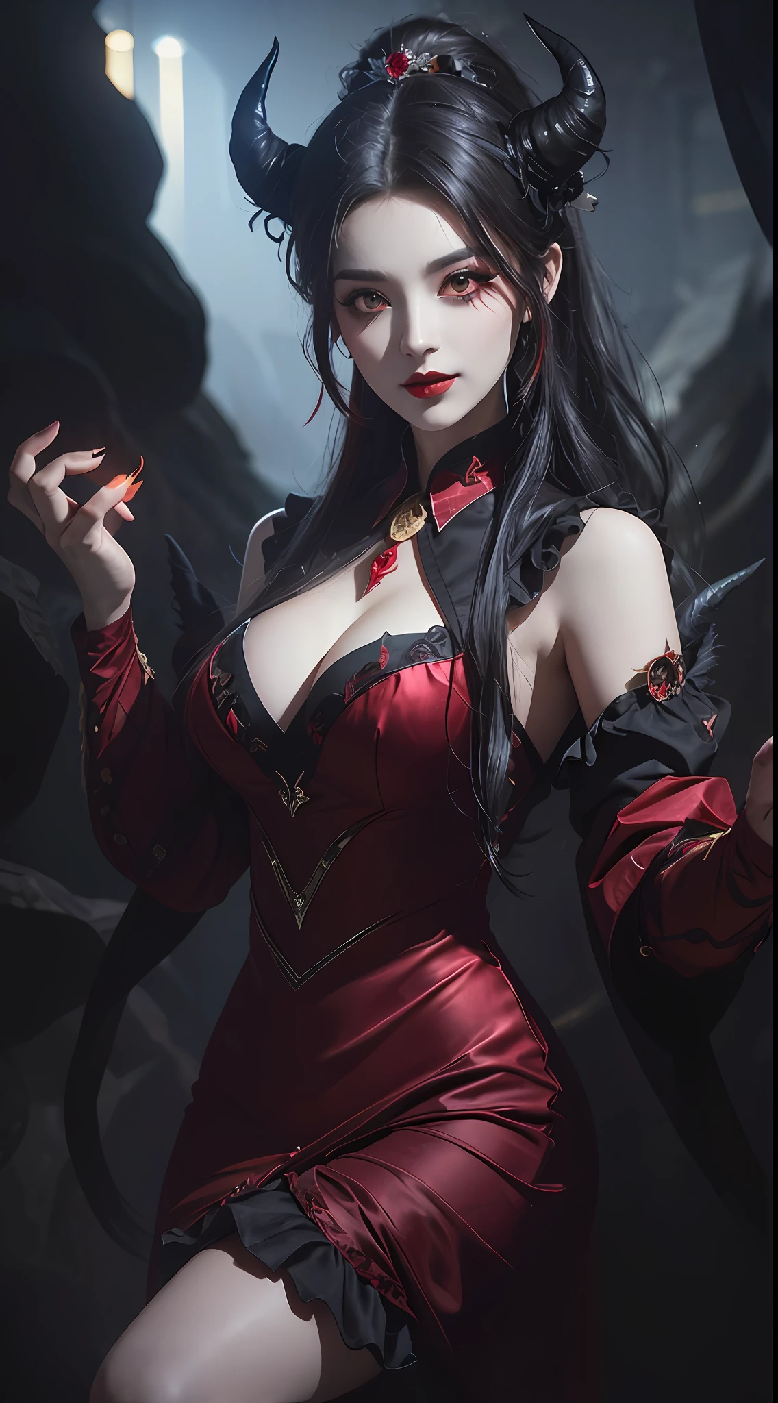 1 beautiful devil woman from hell, In the Dark: 1.6), surreal female portrait by David Hockney and Alphonse Mucha, fantasy art, korea doll, photorealism, dynamic lighting, artstation, poster, volumetric lighting, very detailed faces, 8k ultra, Awarded, in the dark, deep shadow, low key, cowboy lens, (Red phoenix dress: 1.4), long hair, black hair, bust, luxurious palace, Royal style, devil crown, red eyes make up very sharp and detailed, The most beautiful face, The breasts are very big and round and round, Super realistic, chinese women's clothing, polo neck sweater, Charming smile, The eyes are very well made up, guweiz, devil style, wearing black mesh socks, Ponytail with a bow tied at the back of the hair, Red black lips, Devil tattoo on shoulder, wearing a thin red and black robe, the landscape is overcast and thunderous, (Portrait), Close-up of the main character, (Background details 1.8),