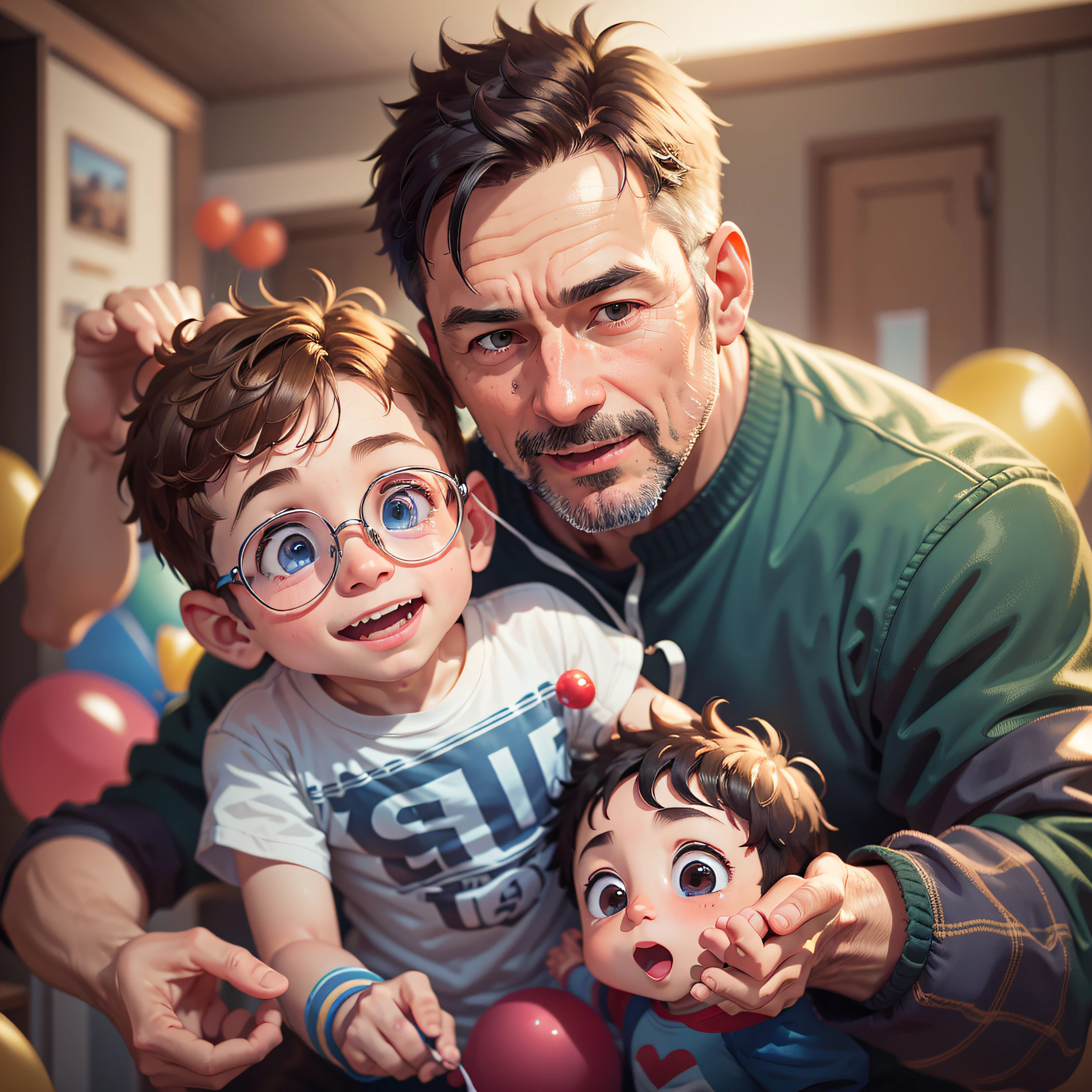 A father and son, father owes son's hand, Many balloons, happy, happy, perfect quality, clear focus (clutter - home: 0.8), (masterpiece: 1.2) (Realistic: 1.2) (Bokeh) (Best quality) (Detailed skin: 1.3) (Intricate details) (8K) (Detail Eyes) (Sharp Focus), (Happy)