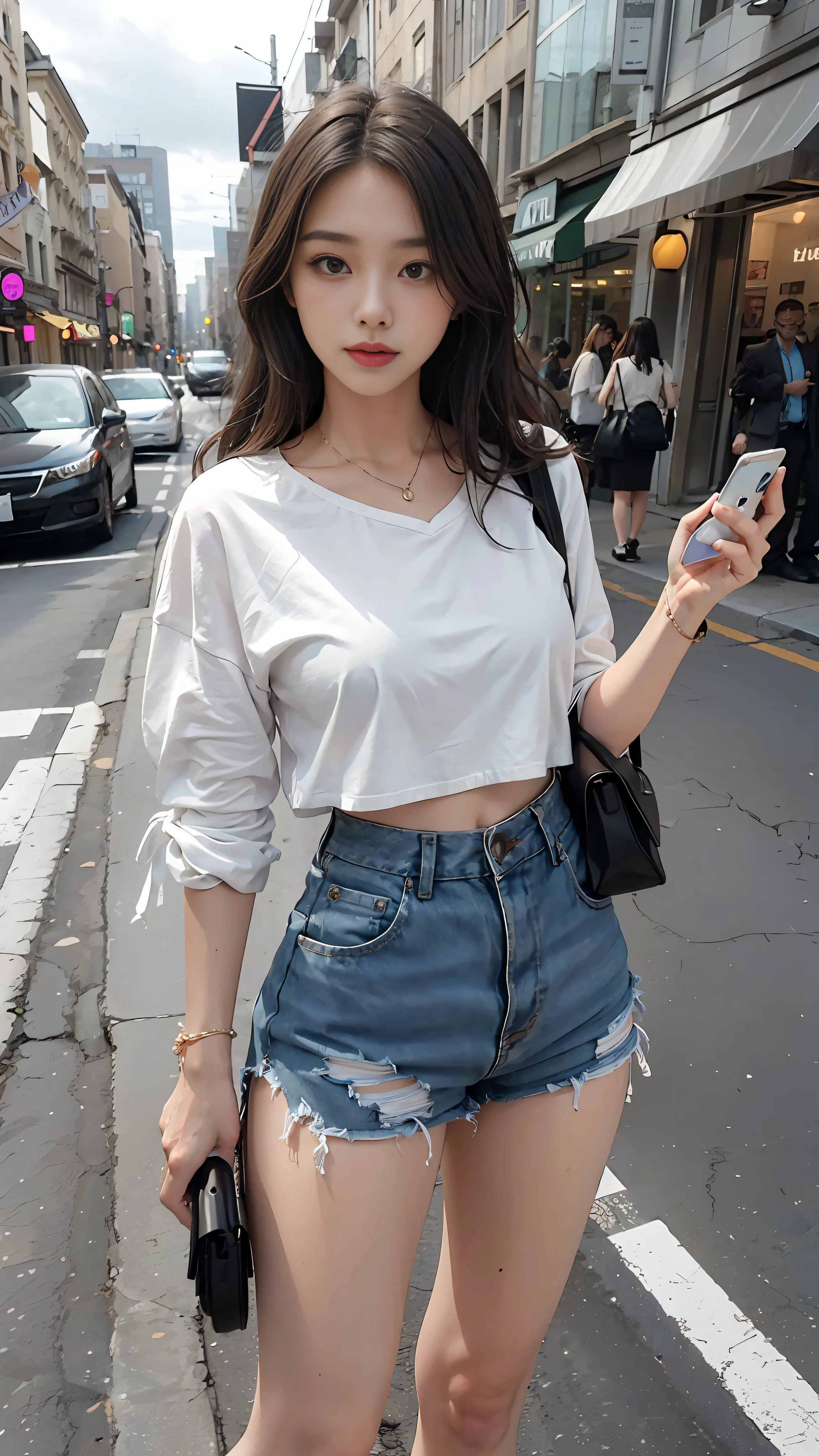 Beautiful woman, fiddling with cell phone in the middle of the street, short clothes