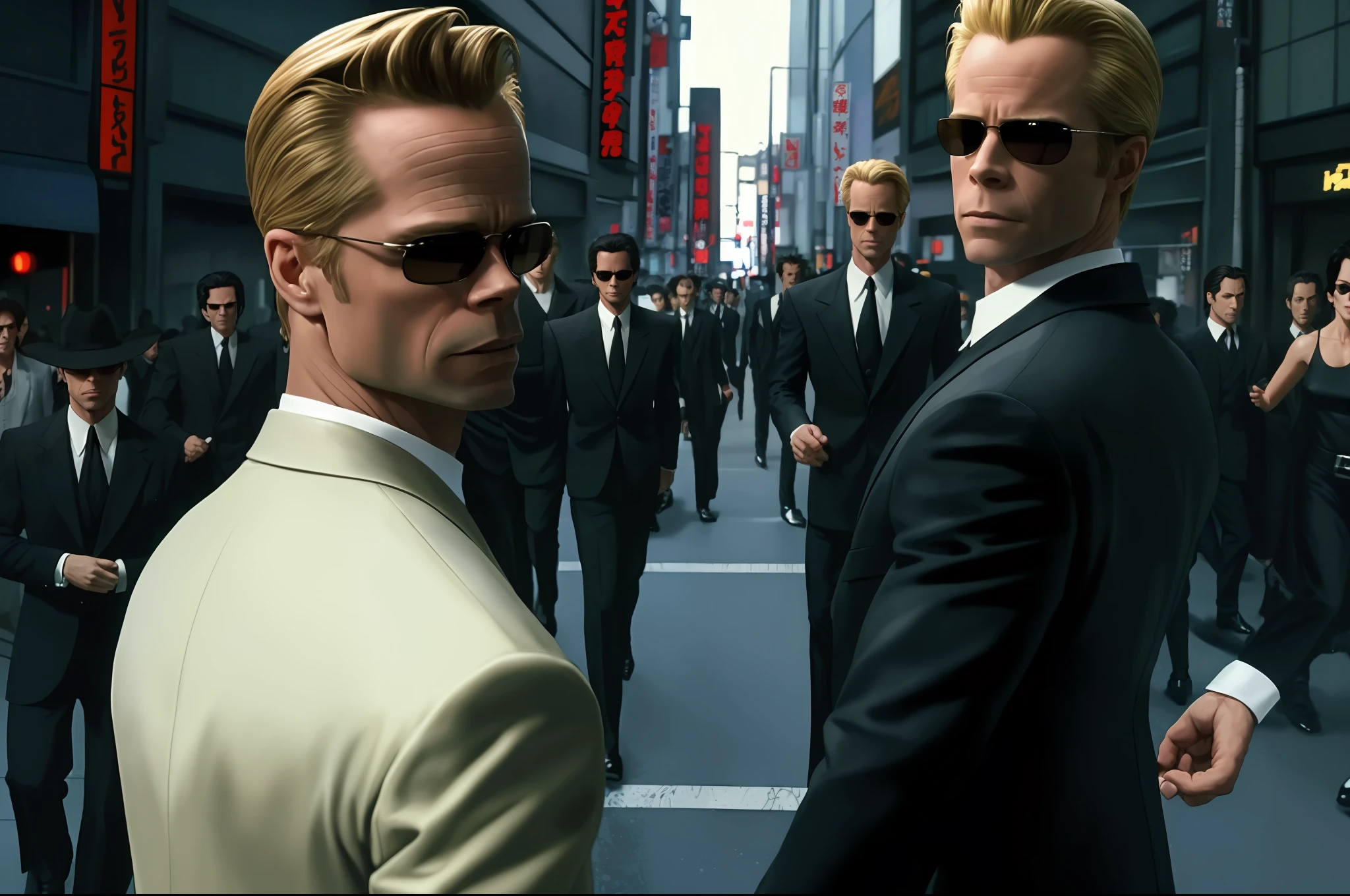 ((best quality)), ((masterpiece)), (detailed) fan art of evil blond man (GUY PEARCE) in a pitch black suit with his back to the camera, ((GUY PEARCE face)) back looking away, GUY PEARCE, the matrix (1999), square sunglasses, night, 80mm, ((western animation)), (neo the matrix (1999)), (short hair), (tokyo street nights)