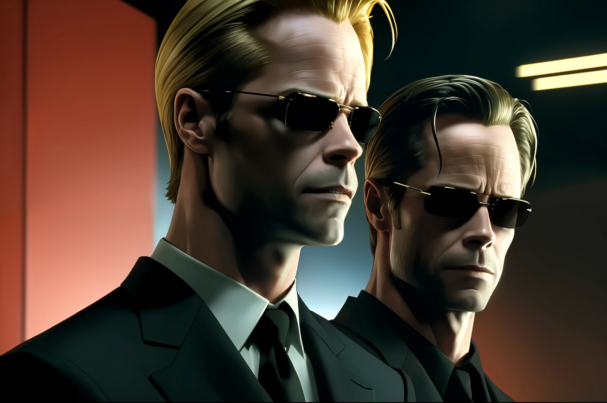 ((best quality)), ((masterpiece)), (detailed) fan art of evil blond man (GUY PEARCE) in a pitch black suit with his back to the camera, ((GUY PEARCE face)) back looking away, GUY PEARCE, the matrix (1999), square sunglasses, night, 80mm, ((western animation)), (neo the matrix (1999)), (short hair), (tokyo street nights)