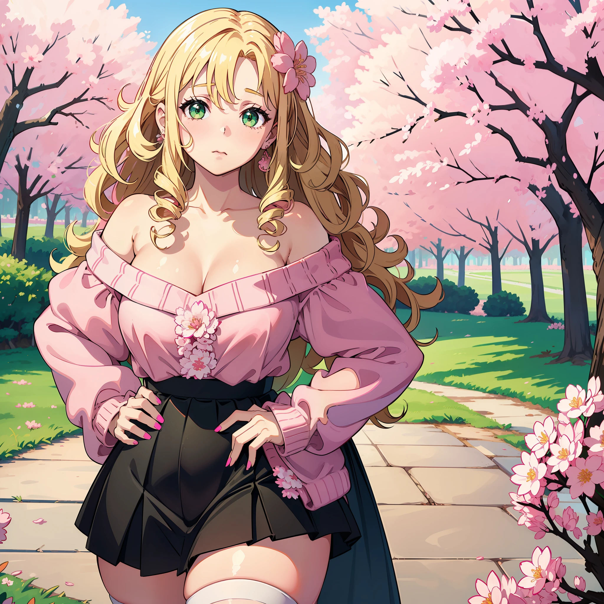 (1girl), (thick thighs), (big hips), (blonde curly hair:1.1), (green eyes:1.1), (off-shoulder pink sweater), (black skirt), white stockings), (pink nails), (under Sakura trees), (facing camera), (best quality), (small chest), (pink flower earrings), shy expression, hand on hip
