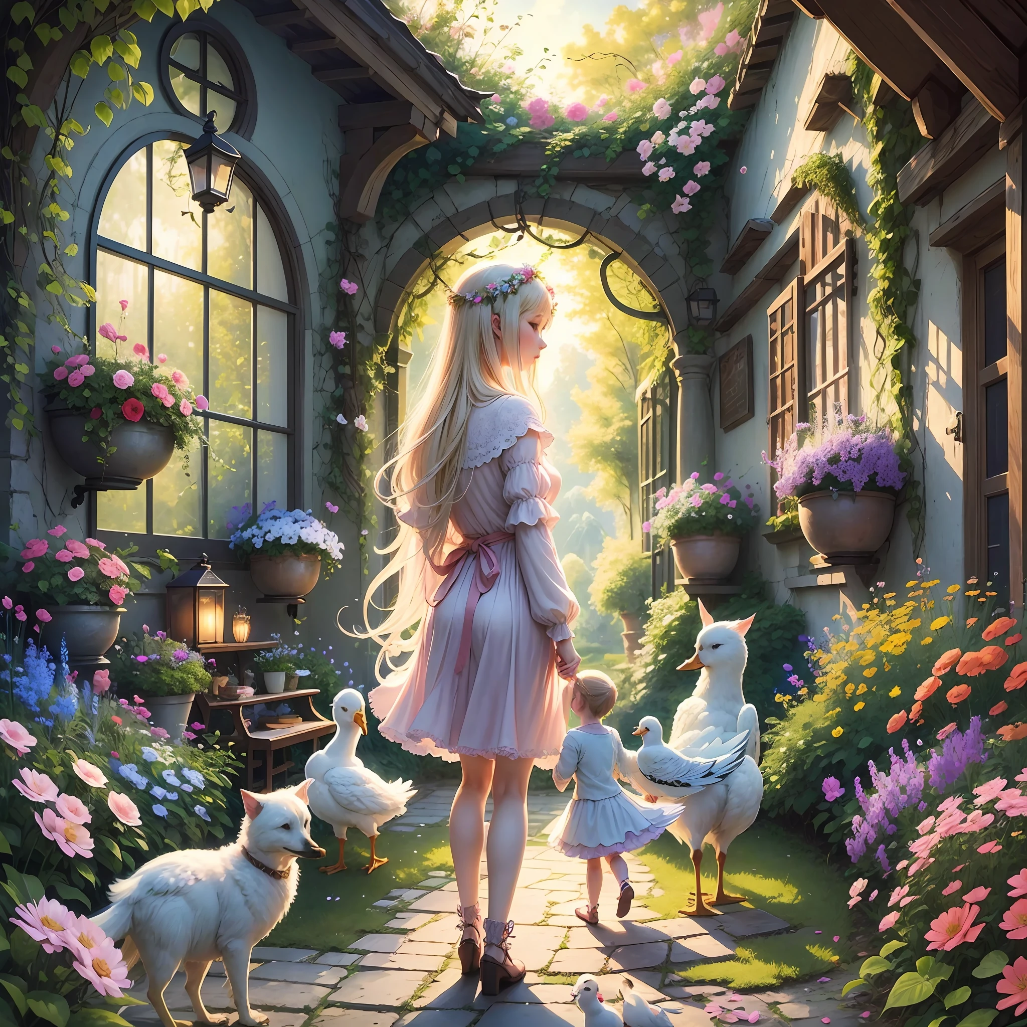 Heavenly scene, bright place wrapped in love, angels and fairies watching, feathered figure, happy family, beautiful girl, dog, cat and duck backwards, beautiful scenery, flowers, birds, beautiful garden, feathers growing on the back --auto --s2