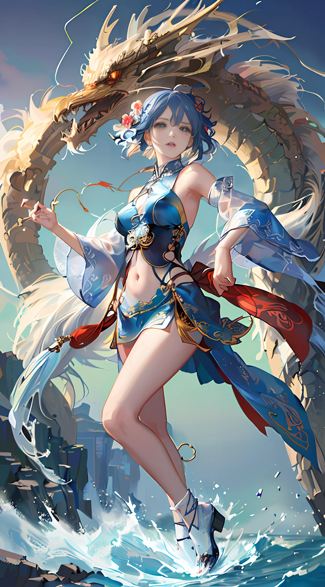 anime girl with dragon wings and a blue dress in the water, by Yang J, by Qu Leilei, wlop and ross tran, ruan jia and artgerm, ig model | artgerm, inspired by Fenghua Zhong, cushart krenz key art feminine, style of artgerm, cgsociety and fenghua zhong
