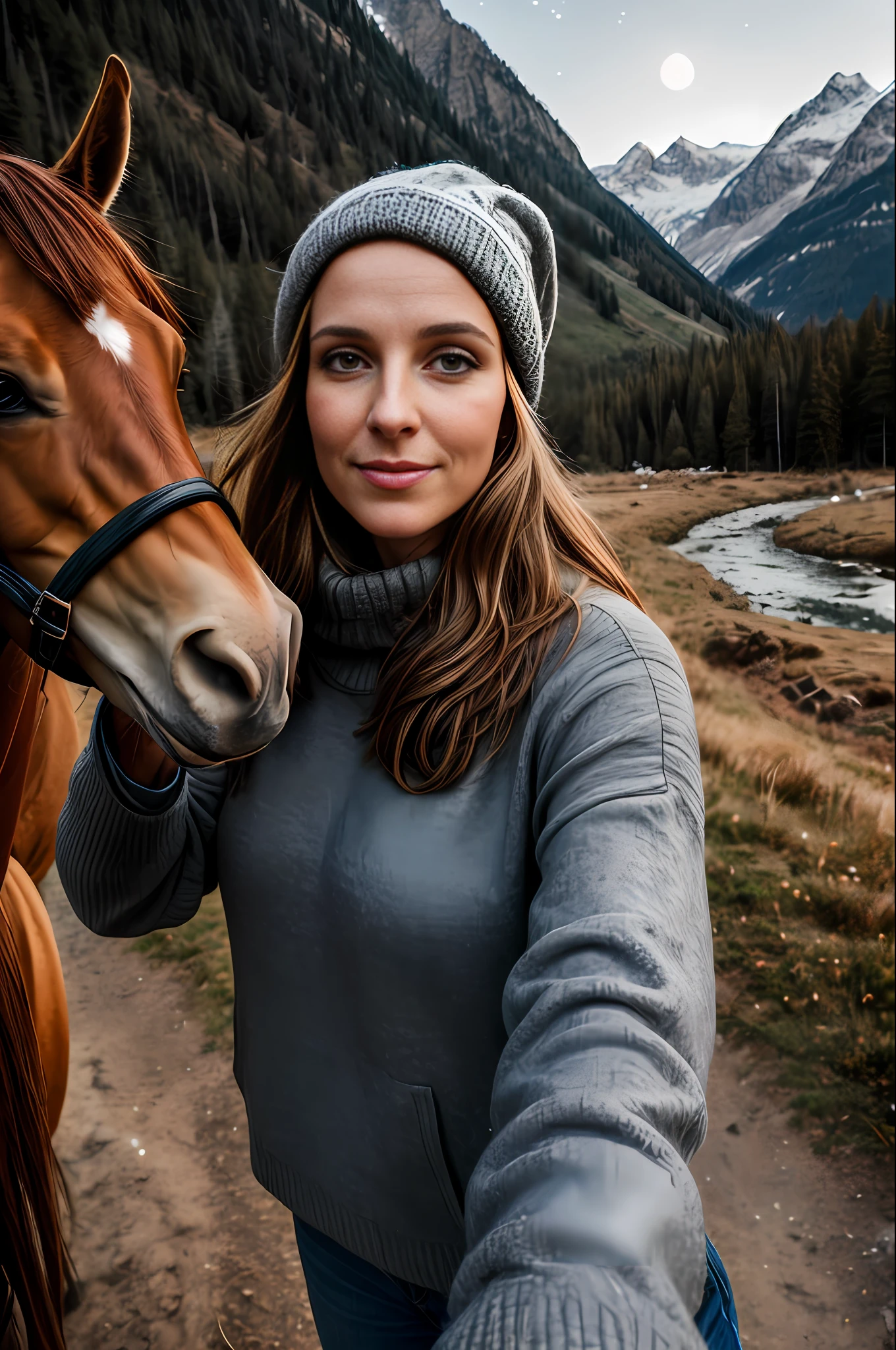 1 woman ((upper body selfie, happy)), masterpiece, best quality, ultra-detailed, solo, outdoor taking selfie on the side of a horse, (night), mountains, nature, (stars, moon) cheerful, happy, mountain boots, gloves, sweater, hat, lantern, forest, stones, river, wood, smoke, shadows, contrast, clear sky, style, (warm hue, warm tone): 1.2), close-up, cinematic light, side lighting, ultra high resolution, better shadow, RAW, upper body, old man, wearing pullover