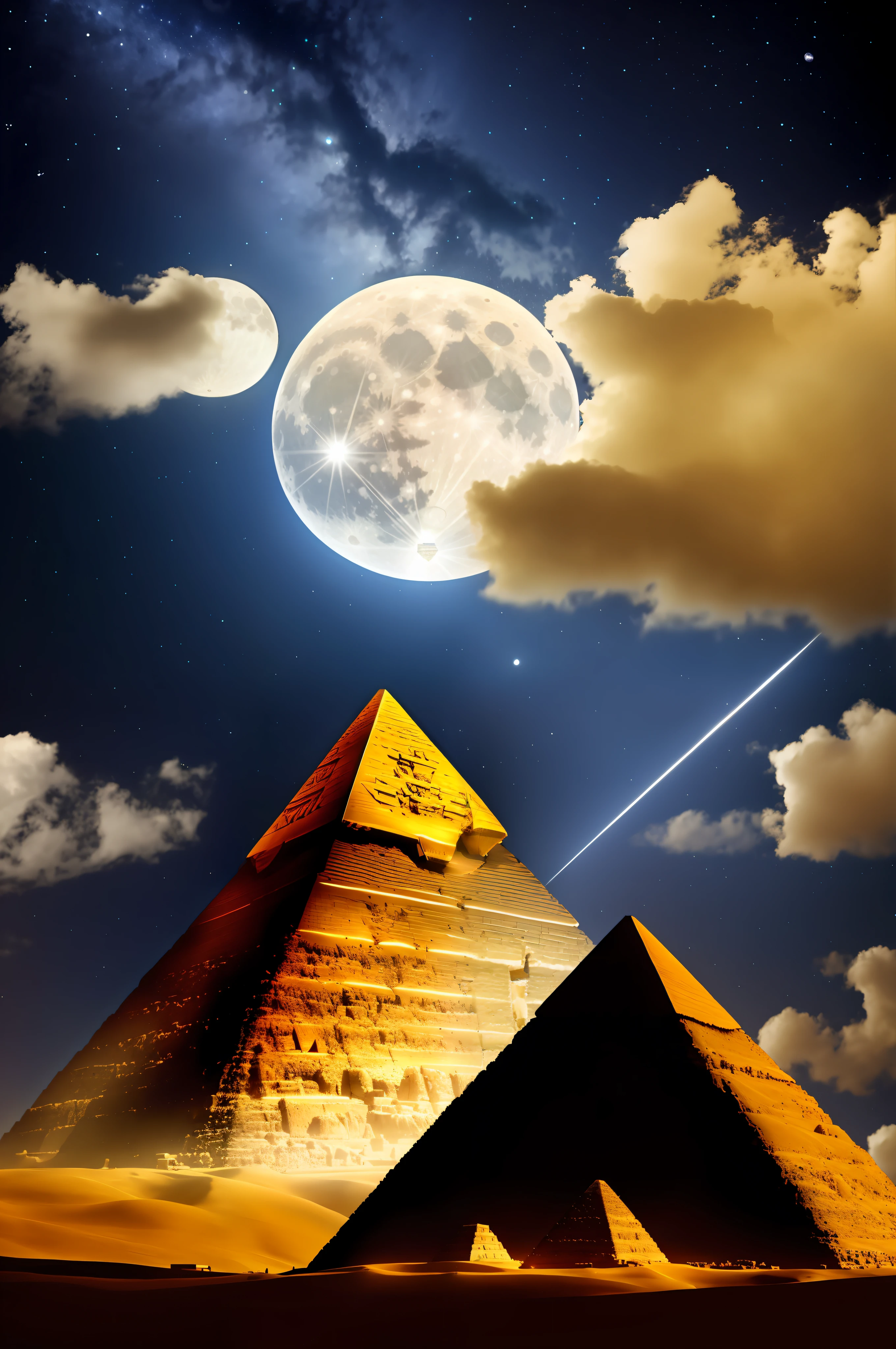 Ancient Egypt with the pyramids and Pharaoh looking down on them on a starry, full-moon night