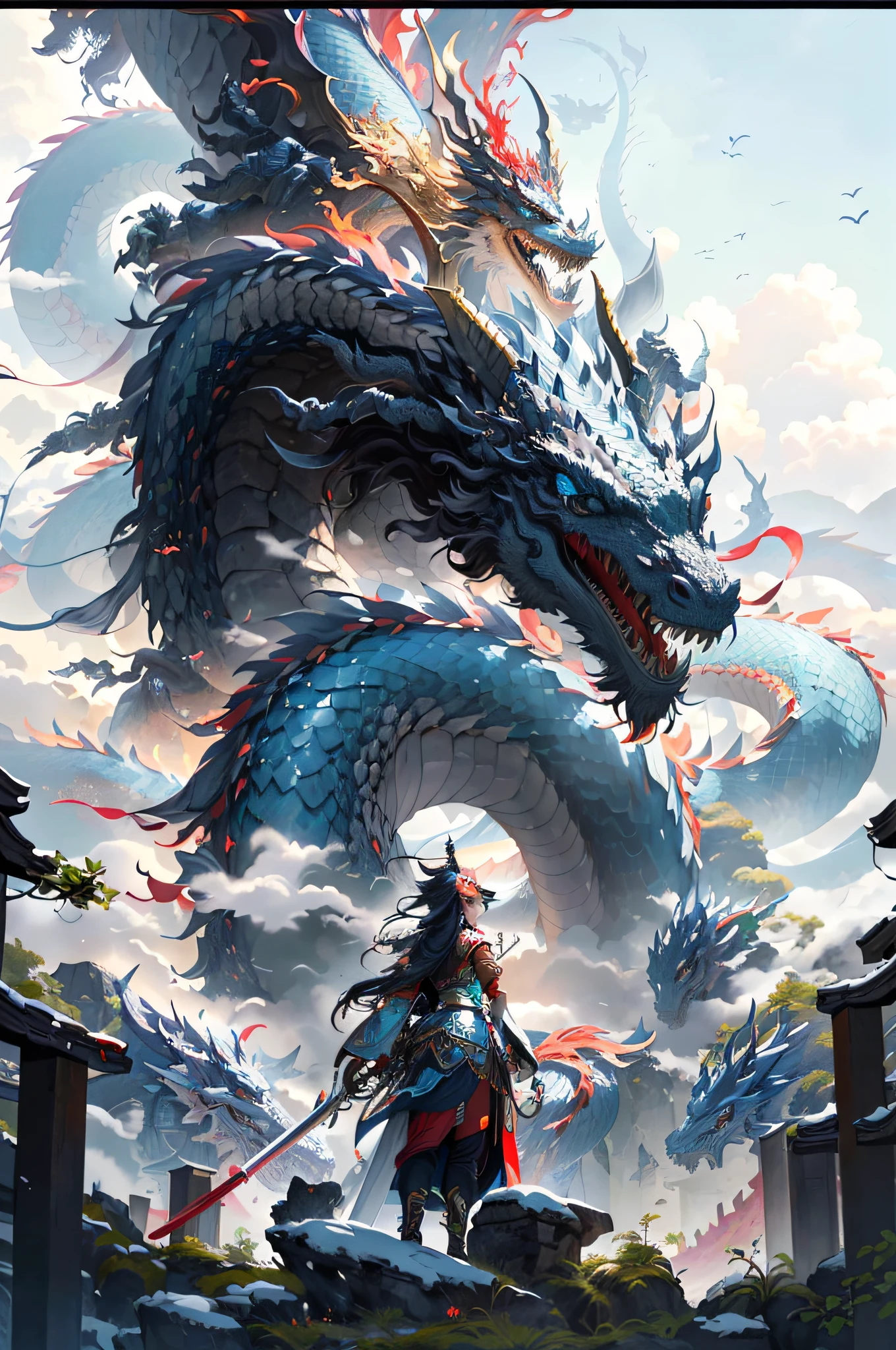 Standing in front of a majestic Chinese dragon with a female warrior holding a gorgeous long sword, the background is an official artwork with happy details surrounded by a large dragon, the picture has a strong fantasy color, designed by Ryan Yee.