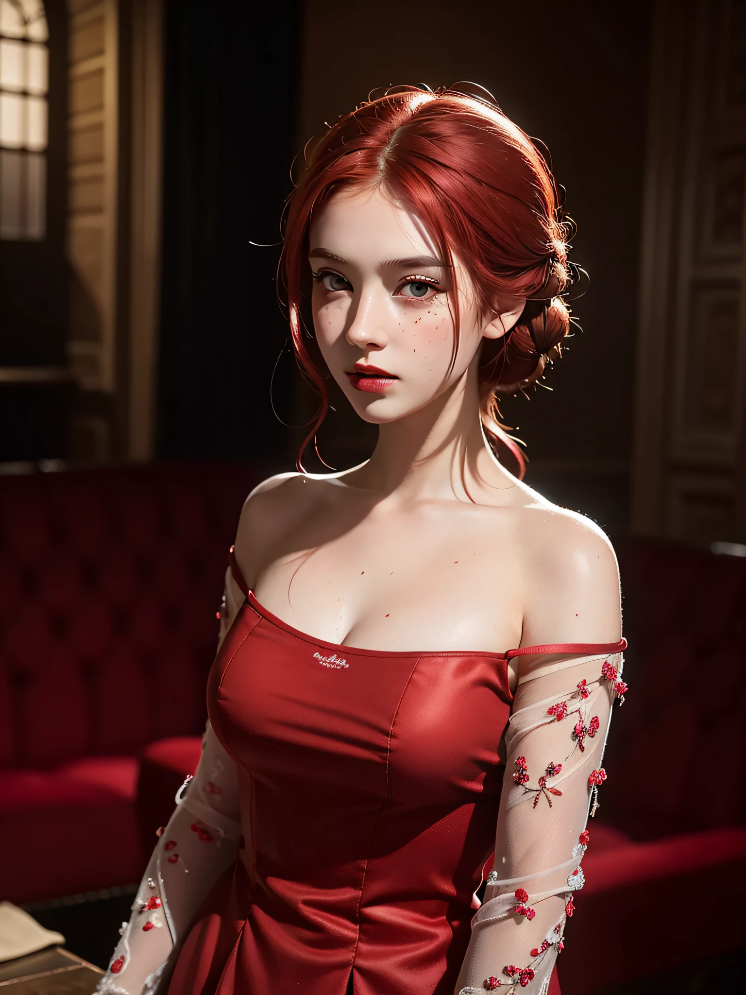 1girl, 21 years old, red hair, red dress, (realistic:1.3), finely detailed, quality, (masterpiece:1.2), (photorealistic:1.2), (best quality), (detailed skin:1.3), (intricate details), dramatic, ray tracing, photograph, 1920's theatre, Bathed in shadows, Visual novel, Hopeful, Moonlight, film grain, Kodak gold 200, Depth of field 110mm, Flickr