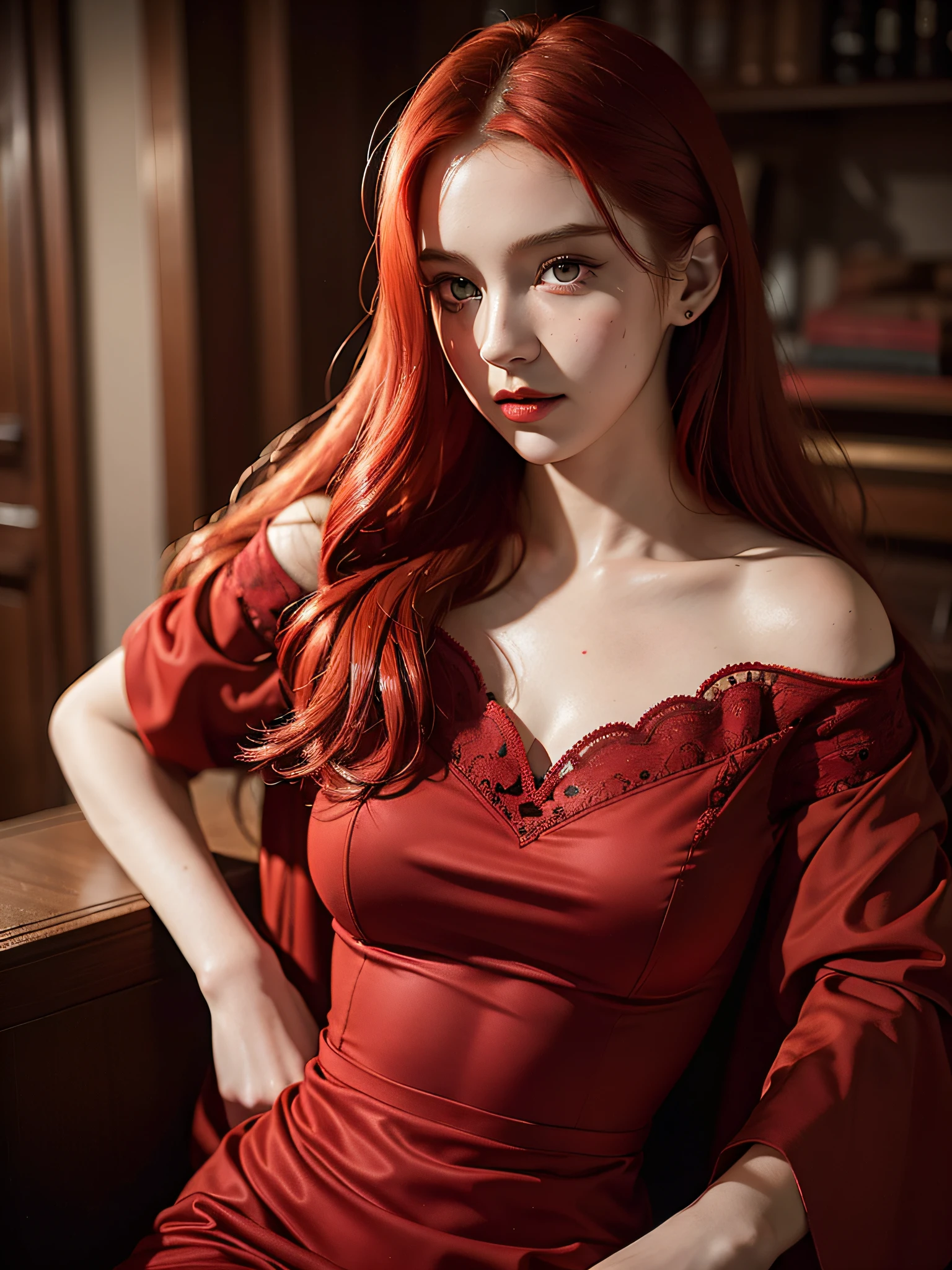 1girl, 21 years old, red hair, red dress, (realistic:1.3), finely detailed, quality, (masterpiece:1.2), (photorealistic:1.2), (best quality), (detailed skin:1.3), (intricate details), dramatic, ray tracing, photograph, 1920's theatre, Bathed in shadows, Visual novel, Hopeful, Moonlight, film grain, Kodak gold 200, Depth of field 110mm, Flickr