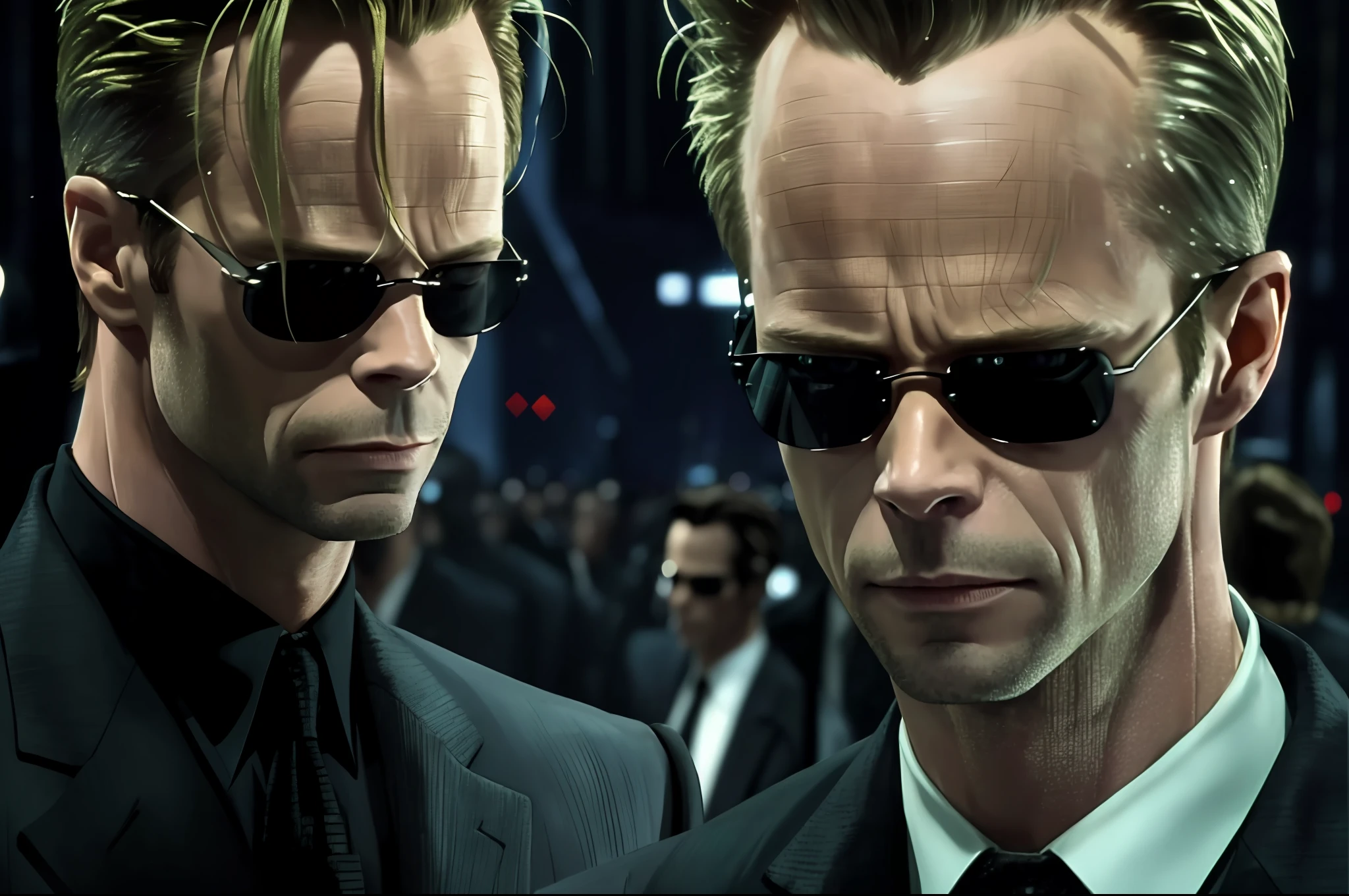 ((best quality)), ((masterpiece)), (detailed) fan art of evil blond man (GUY PEARCE) in a pitch black suit with his back to the camera, ((GUY PEARCE face)) back looking away, GUY PEARCE, the matrix (1999), square sunglasses, night, 80mm, ((western animation)), (neo the matrix (1999)), (short hair), (tokyo street nights)