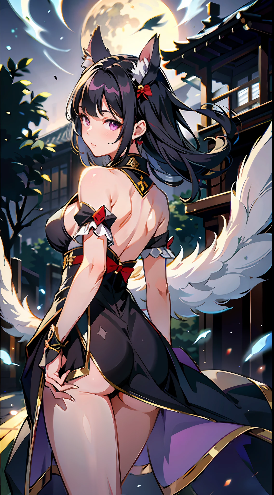 absurd res, high res, (masterpiece:1.4), ultra-detailed, 2girls, from behind, space, floating, snow white kimono, snow white dress, black bra, light black hair, purple eyes, hands out of frame, furry ears, slightly open kimono, cat ears, medium breasts, boobs, purple eyes, kimono falling from shoulders, bare shoulders, bare legs, bare back, bare back dress, round ass, squeezing ass, 1mole under eyes,
