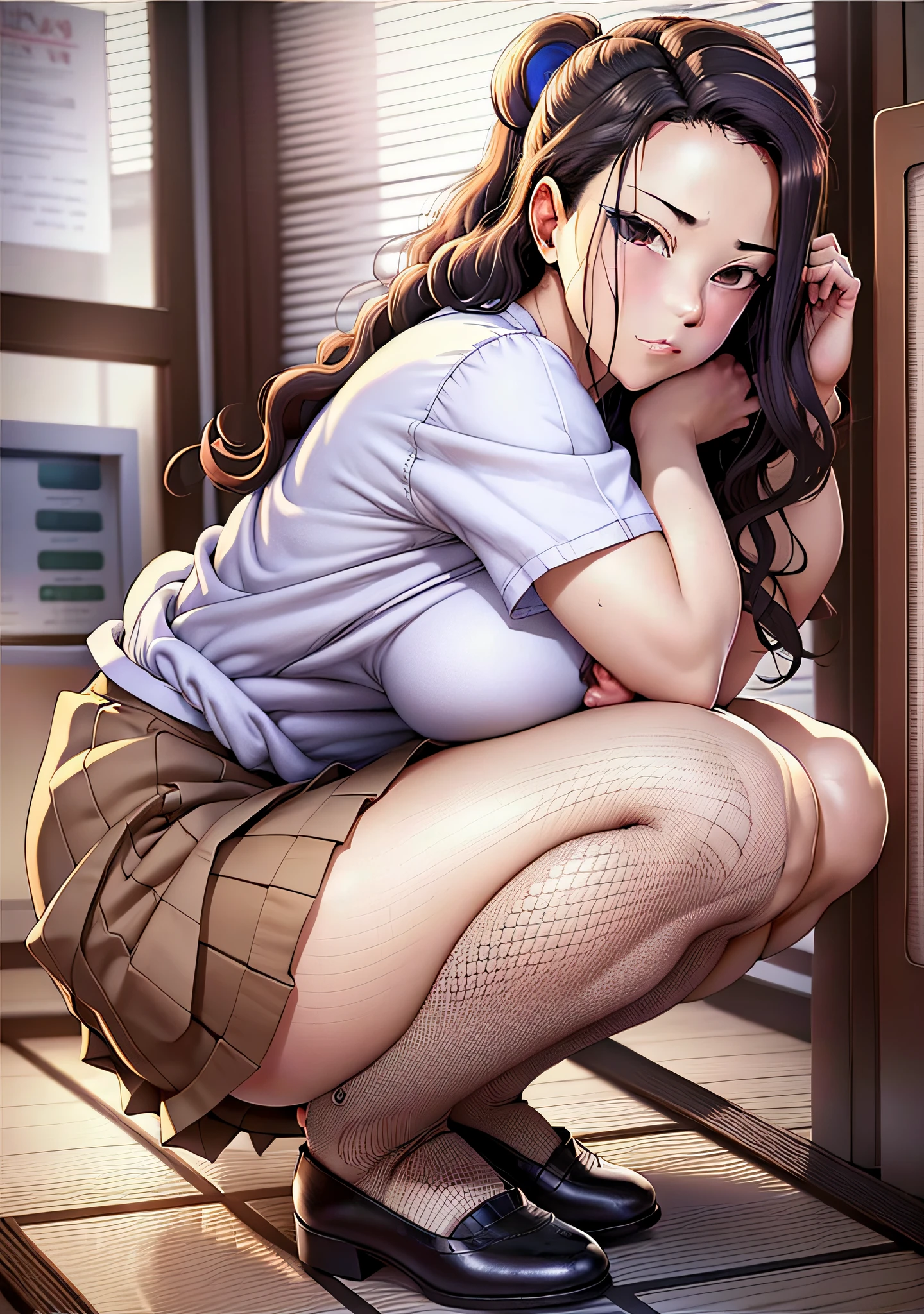 High Resolution, Top Quality, Masterpiece, Ultra High Quality, Ultra Detail, Ultra Realistic, 3D, Anime, Illustration, Fantasy, Solo, ((Beautiful Female Student Short Skirt)), Squatting and Touching Her Hair, (Looking at the camera), (Background Blur))), Brown leather shoes, Bare feet, (Cotton underwear), Large breasts, Front shooting,