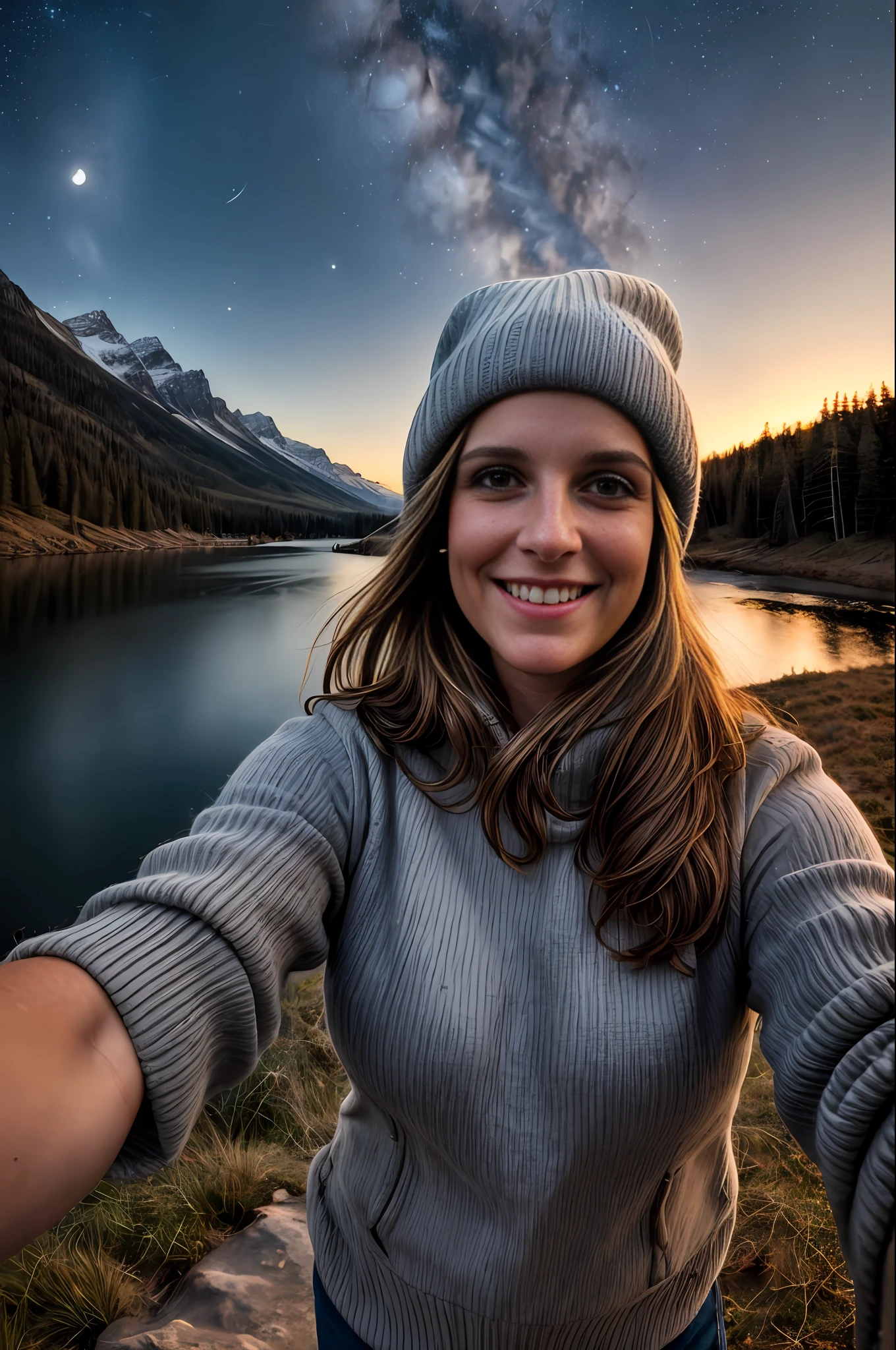 1 woman ((upper body selfie, happy)), masterpiece, best quality, ultra-detailed, solo, outdoor taking selfie on the side of a horse, (night), mountains, nature, (stars, moon) cheerful, happy, mountain boots, gloves, sweater, hat, lantern, forest, stones, river, wood, smoke, shadows, contrast, clear sky, style, (warm hue, warm tone): 1.2), close-up, cinematic light, side lighting, ultra high resolution, better shadow, RAW, upper body, old man, wearing pullover