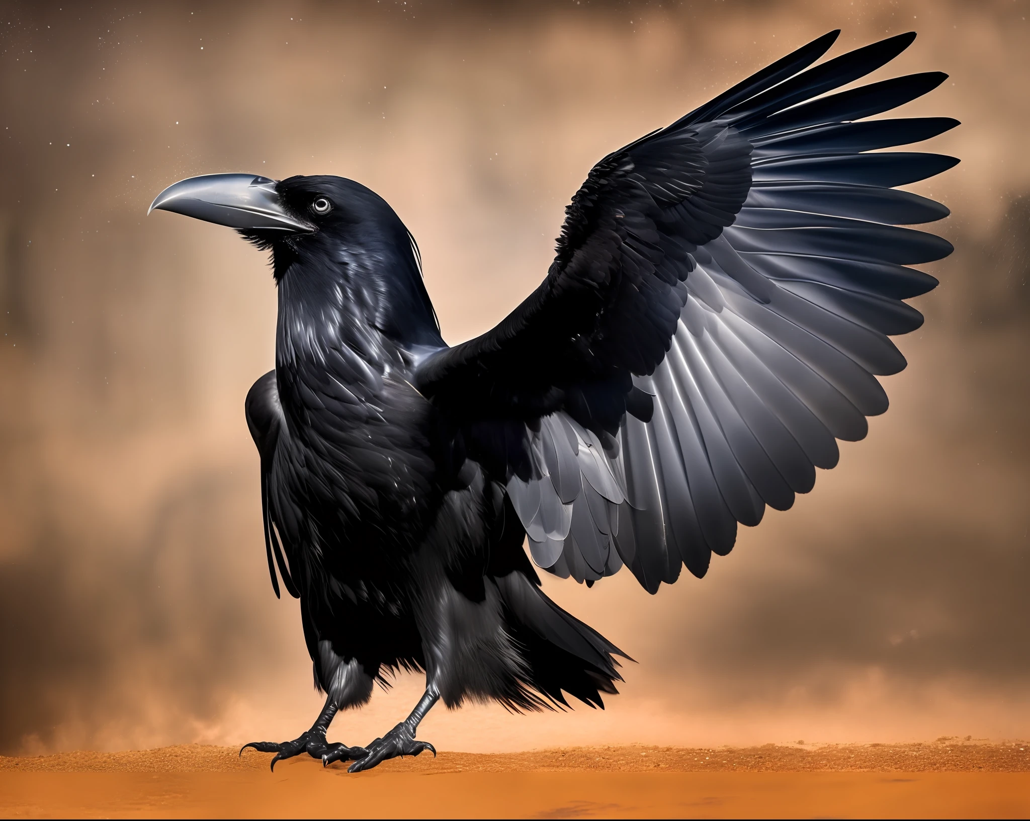 Photo of a crow with its wings spread