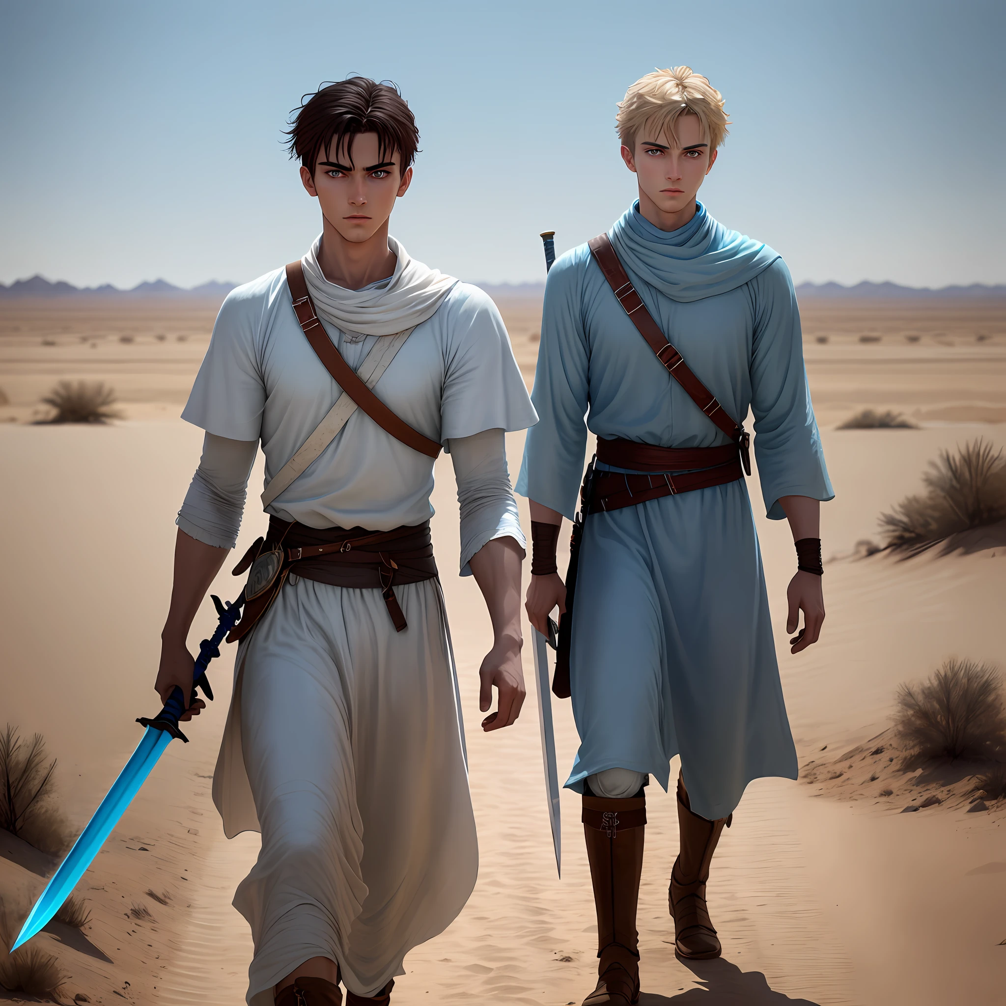 A beautiful young man walking alone, light blue eyes, walking in a barren desert, a sword at his waist, intense gaze directly at the camera, the old clothes stained with blood