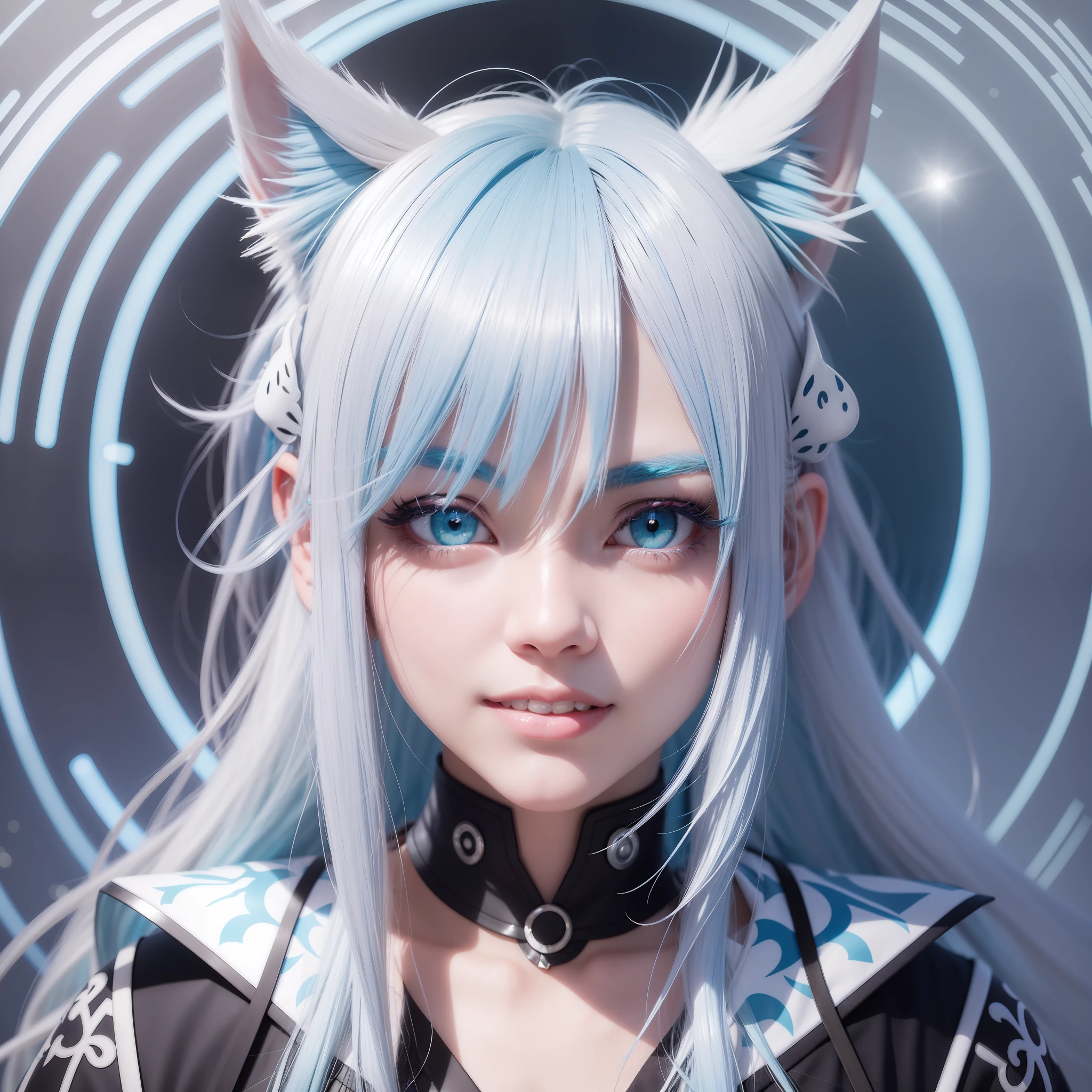 White-blue gradient hair color, longeyelashes, solid circle eyes, fake animal ears, light smile, ear blush, fang, wince, Surrealism, drop shadow, anaglyph, stereogram, tachi-e, pov, atmospheric perspective, 8k, super detail, ccurate, best quality --auto --s2