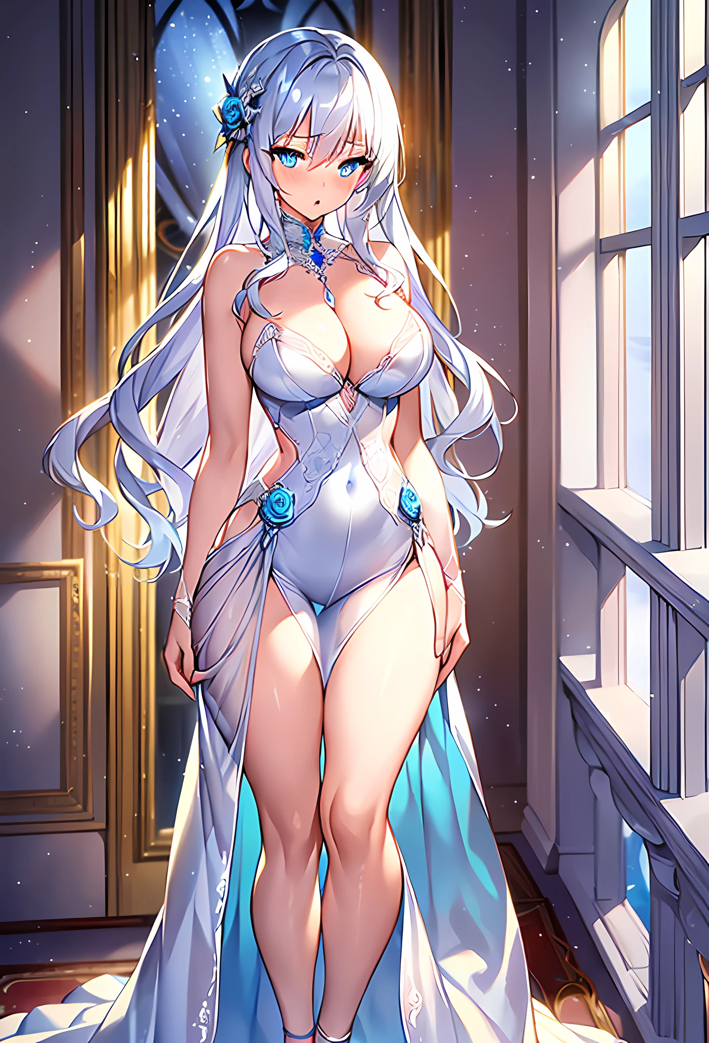 (masterpiece, reflections, atmospheric lighting, dynamic lighting), best quality, 1girl, perfect figure, perfect body, perfect face, white hair, long luscious curly hair, blue eyes, glowing ice eyes, delicate fingers, blushing, shy, embarrassed, lewd, open mouth, strapless dress, wedding dress, evening dress, lingerie dress, black high heels