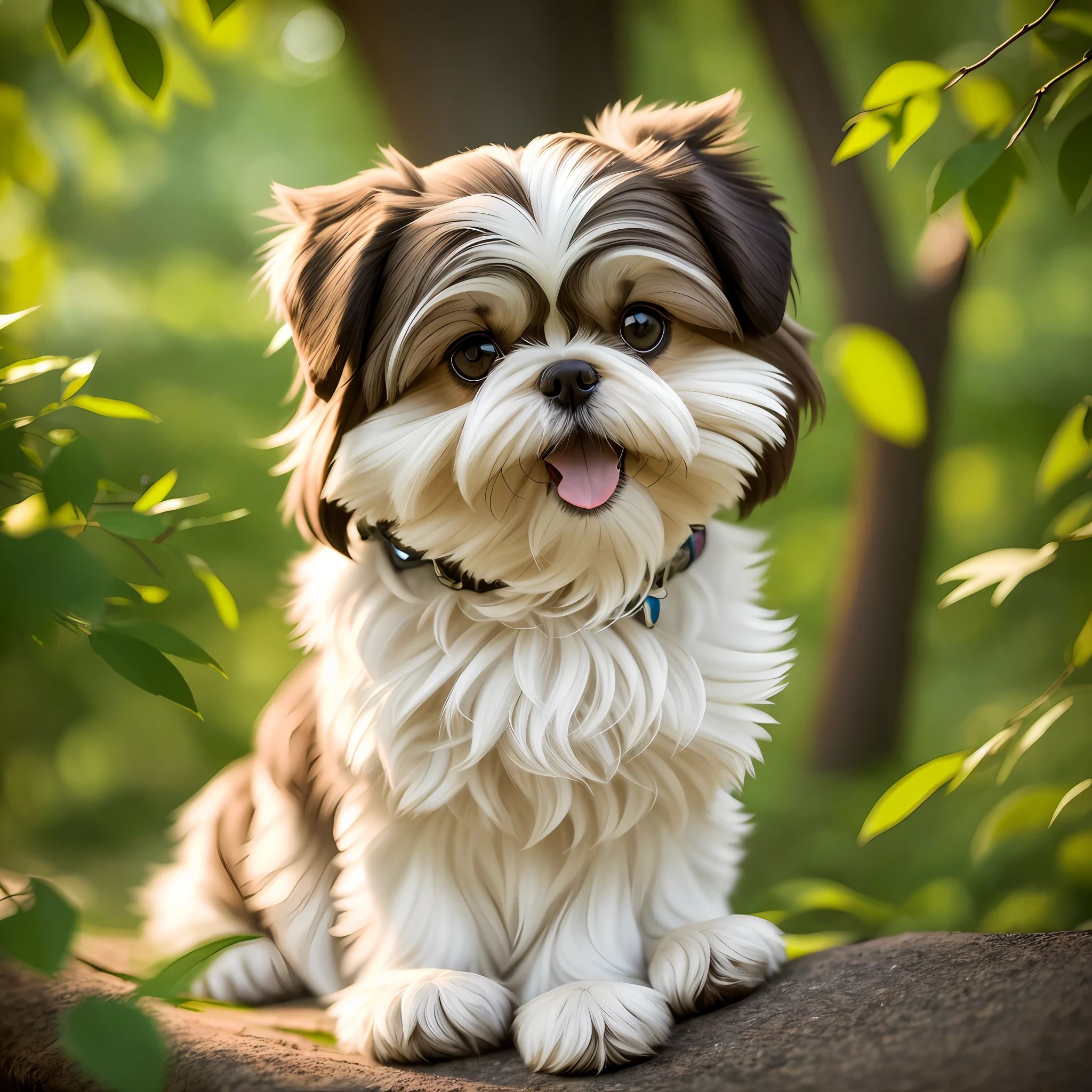 A detailed photo of an adorable Shih Tzu dog, captured by a Canon 5D camera. Its soft and silky hair features shades of brown and white, with delicate and fluffy details. His bright eyes convey a gentle and curious expression. The dog is sitting in a relaxed pose, with his tongue slightly sticking out, conveying a sense of happiness and satisfaction. Sunlight streams through the leaves of the tree, creating a play of shadows and enhancing the details of the dog's fur. The atmosphere is serene and tranquil, with the soft sound of the wind in the leaves and the singing of birds in the background. One photograph, 50mm lens, --air 16:9 --v 5 --auto --s2