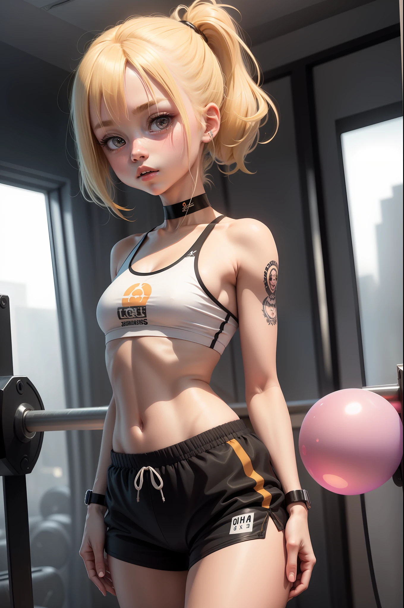 loli, high detailed, 8k, blonde hair, 1girl, bubble ass, short top, gym shorts, choker, petite, thigh tattoo,