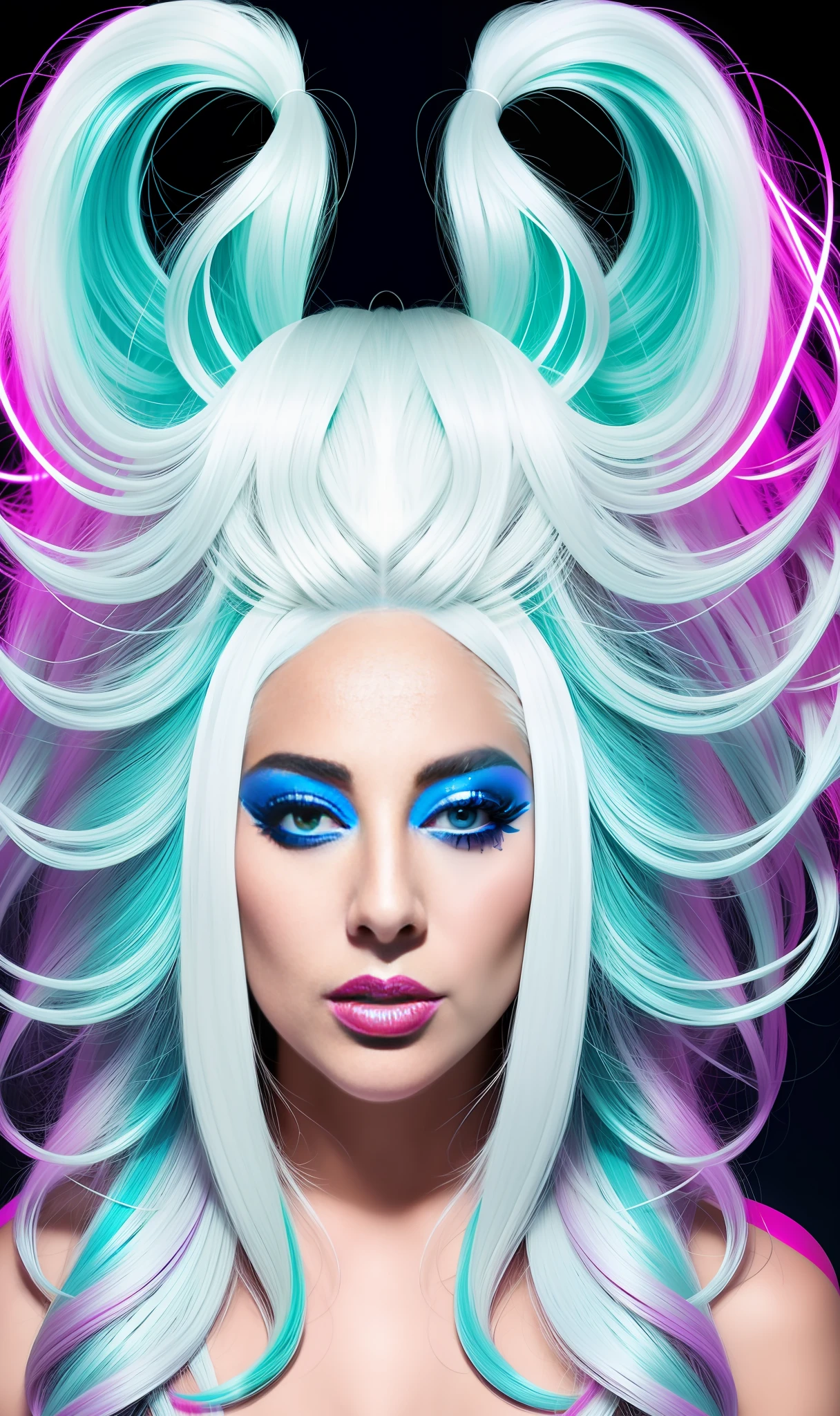 lady gaga with neon print white dress,white hair, 4K texture, long hair, high quality, extravagant hairstyle, original album cover, 8k image, futuristic, high image quality, at night, hair accessories, very realistic and defined face, HD
