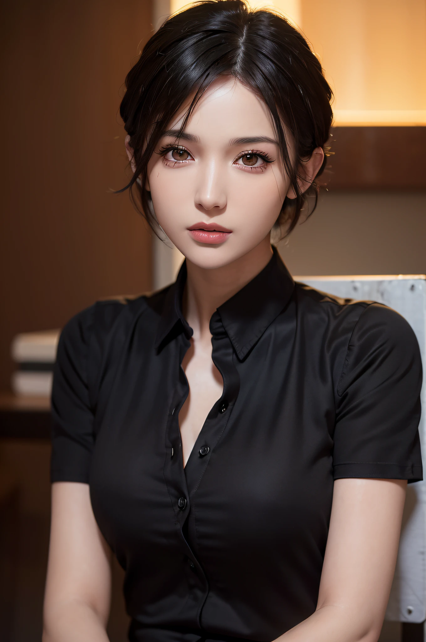 (Masterpiece: 1.3), (8K, Photorealistic, RAW Photo, Best Quality: 1.4), (1girl), Beautiful Face, (Realistic Face), (Black Hair, Short Hair: 1.3), Beautiful Hairstyle, Realistic Eyes, Beautiful Detail Eyes, (Realistic Skin), Beautiful Skin, (Black Shirt), Attractive, Ultra High Definition, Ultra Realistic, High Definition, Golden Ratio