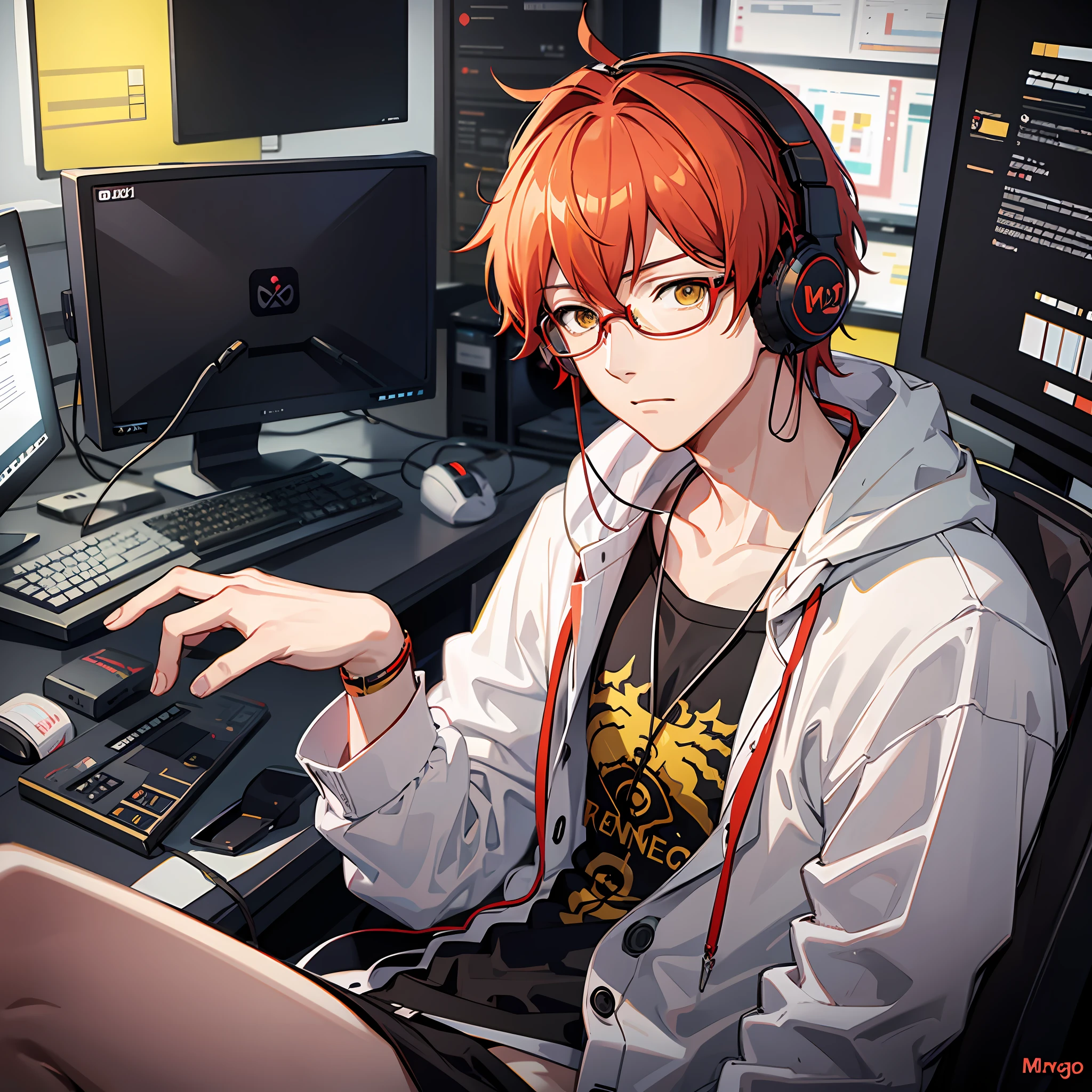 707, red hair, glasses, anime boy, mystic messenger, in front of computer, smug expression, shirtless, yellow headset, yellow headphones