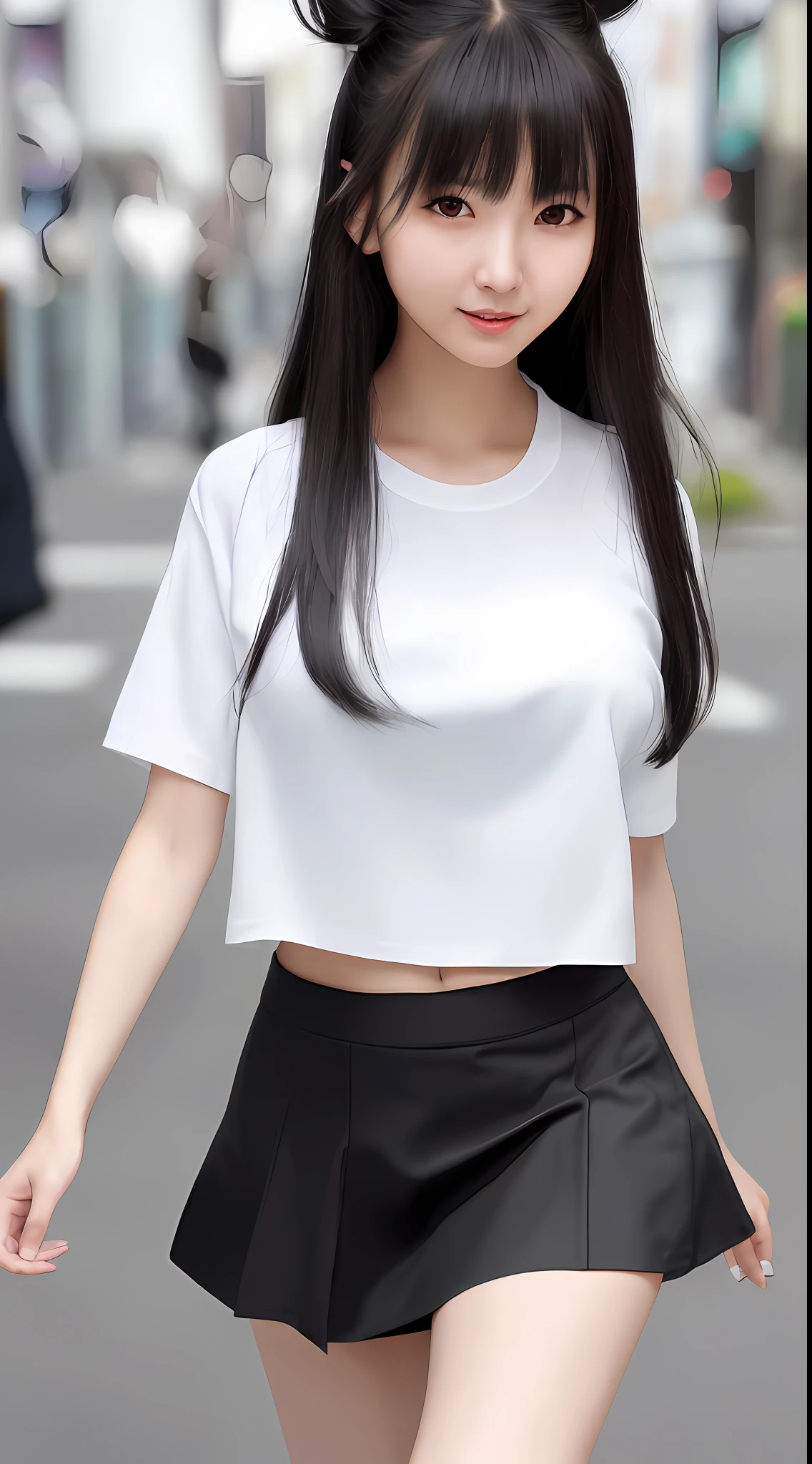Best quality, super detail, masterpiece, fine detail, high resolution, portrait, 8k wallpaper, realistic details, clothing details, skin details, detailed eyes, photoshop \ (medium \), slim body, 1 girl, Japan people, 30 years old, beautiful eyes, bare skin, well-formed face, bangs, blunt bangs, huge, wearing a uniform, (pleasant expression), mouth open, navel visible, close-up, wearing a short skirt, white skin, long hair, black hair, box cutter shirt, walking on the street, hard breasts, hair fluttering, ears visible