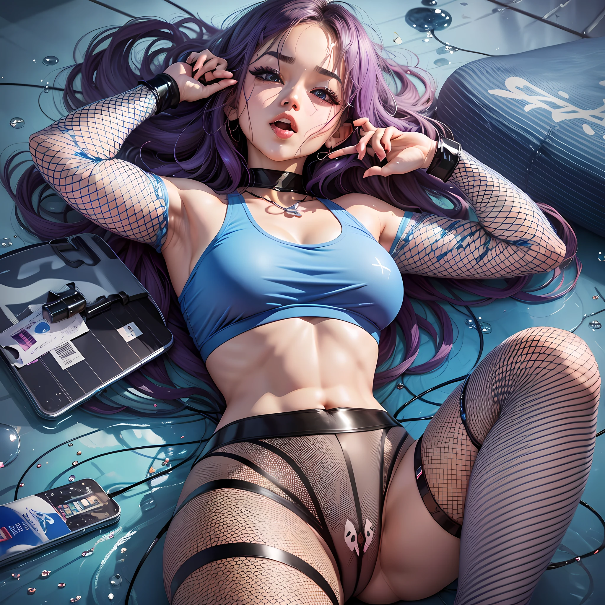 araffed woman in a blue top and fishnet pants laying on a blue surface, lalisa manobal, fishnet clothes, lalisa manoban of blackpink, tight attire, fishnet, gongbi, fishnets, tight outfit, sexy pose, thicc, blue outfit, korean artist, pokimane, cute sportswear, gemma chen, cl, excited, ahegao, heart in eye, moaning, saliva trail --auto --s2