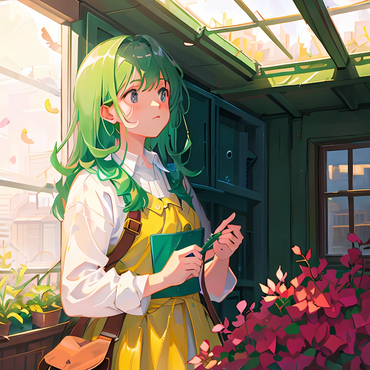 Girl, discarded greenhouse, windowsill, lonely bicycle, light shining in from the side, feathers floating in the air like petals, fantastic