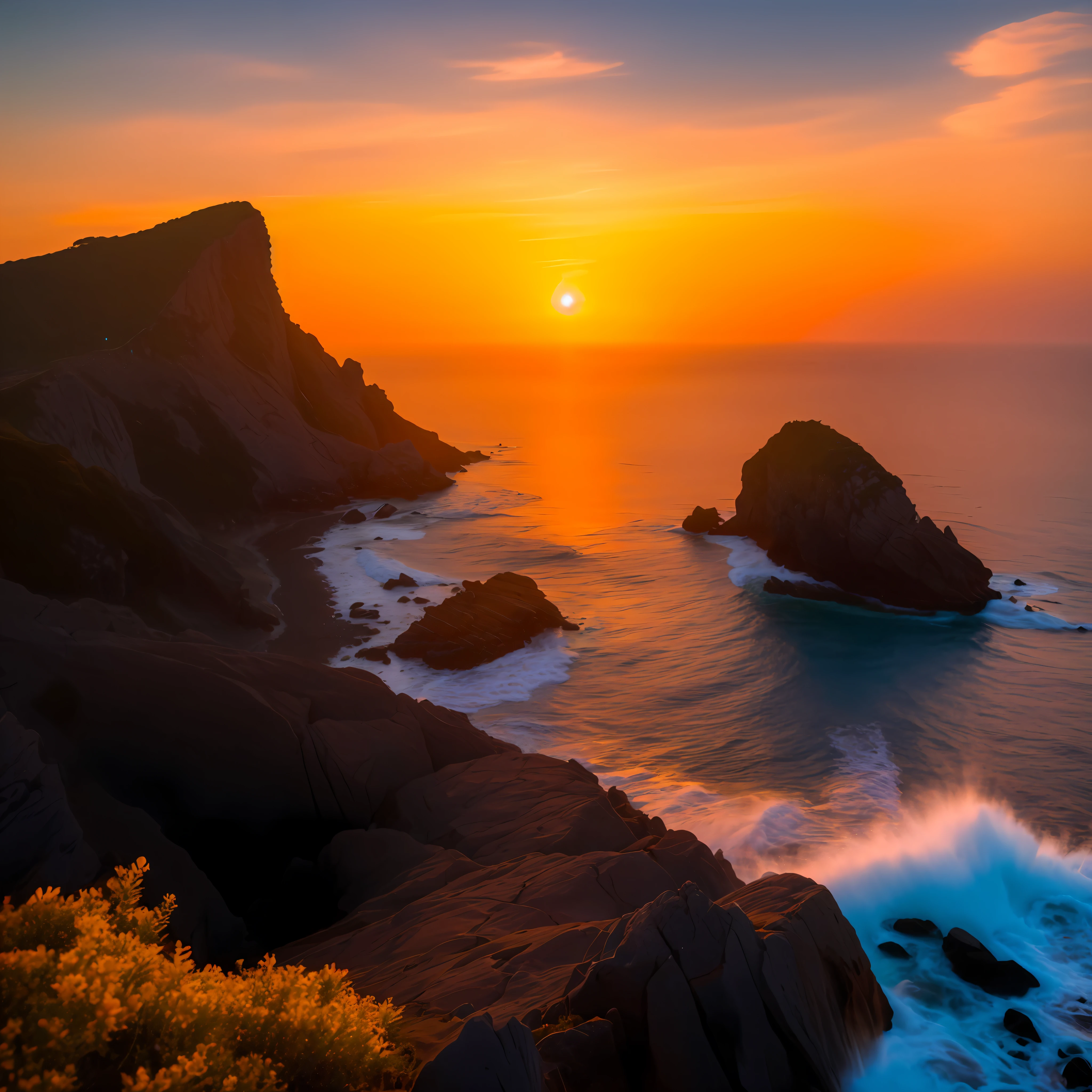 Sunset over the ocean with rocky shores and waters, beautiful ocean landscape, cliff side, sunset light, sunset glow, beautiful sunset, Alexander Kucharski, amazing sunset, beautiful sunset, sunset, by Bernardino May, vibrant setting, most beautiful sunset, Etienne Dreiset, breathtaking landscape, sunrise light, vibrant sunrise, sunset, masterpiece, epic, majestic, best quality, very high resolution, 8k, HDR, digital photography, clear and beautiful ,iridescent, transparent, translucent, reflection, refraction, diffraction, caustic, volumetric light, volumetric shadow, (very detailed and refined: 1.2), (very delicate and beautiful: 1.2), partial backlight, (lighting outside the sunset frame and nearby lighting: 1.3), (realistic lighting: 1.2), (dynamic colors from lighting: 1.2), (complex details: 1.3), ultra-detailed, surreal, (sharp focus: 1.2), (SFW: 1.2),