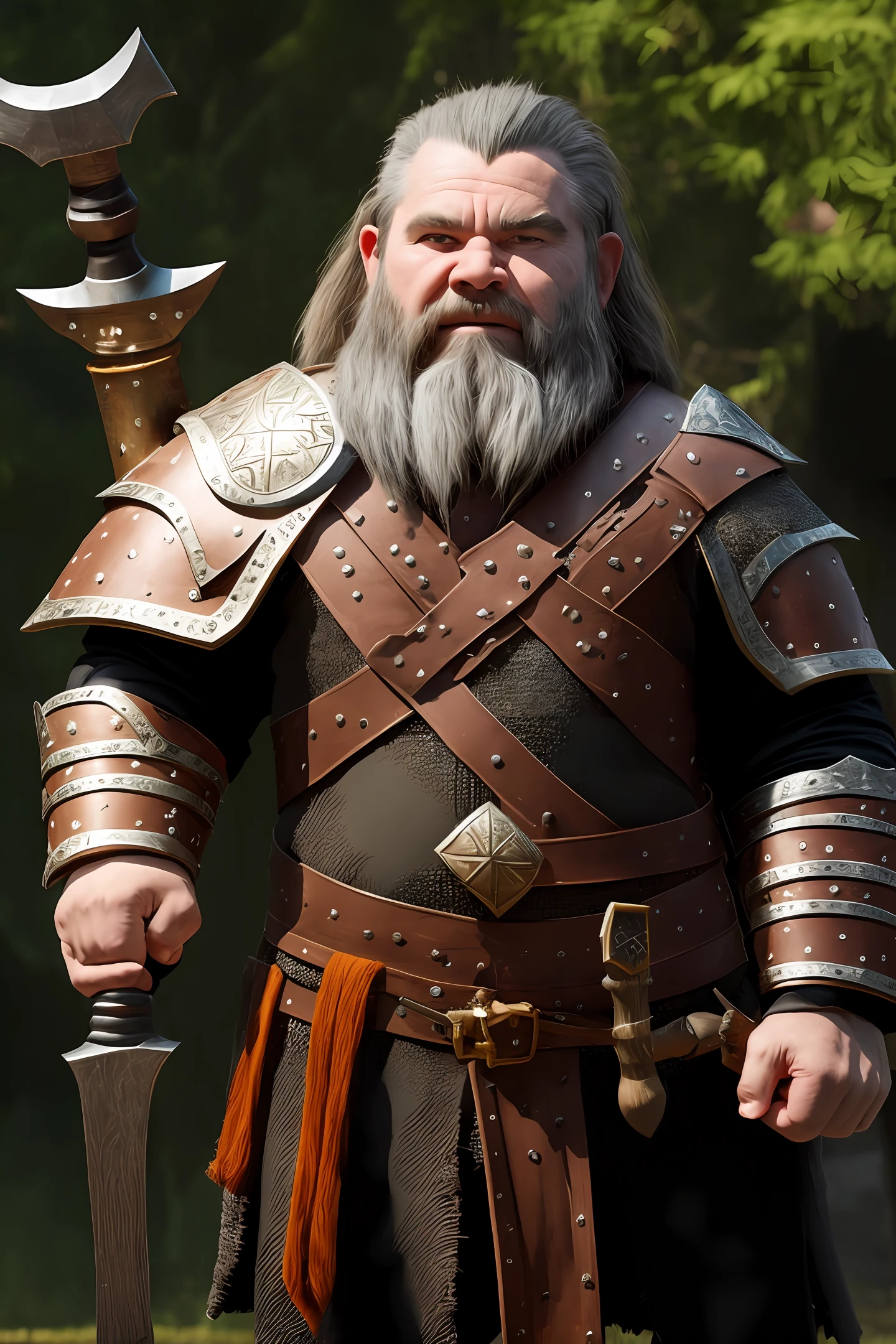 Dwarf with an axe and a hammer in his hands ready to fight with long waist-high beard and gray hair with plate armor, in high quality 4k