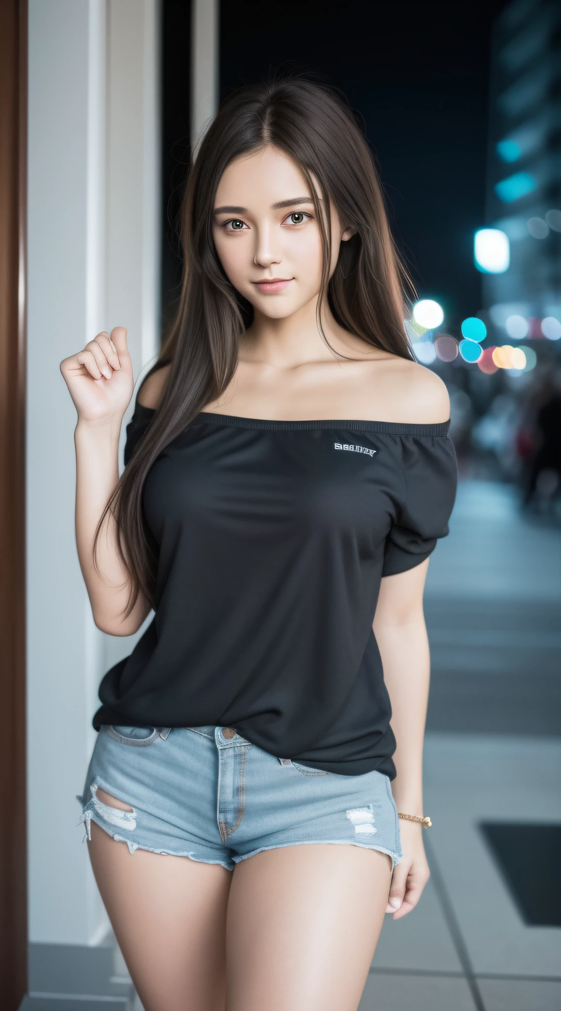 (8k, RAW photo, best quality, masterpiece: 1.2), (realistic, realistic: 1.37), ultra-high resolution, photon mapping, radiosity, physically based rendering, 1 girl, (brunet: 1.3), detailed face, detailed eyes, huge breasts, shiny skin, (pureerosface_v1:1.0), standing, Shorts,jacket,off shoulder,air jorden 1,looking at the audience, (laughing cute: 1.2), (happy), healing cute, (Cityscape: 1.2), (Night: 1.2), (Dark Theme: 1.5),