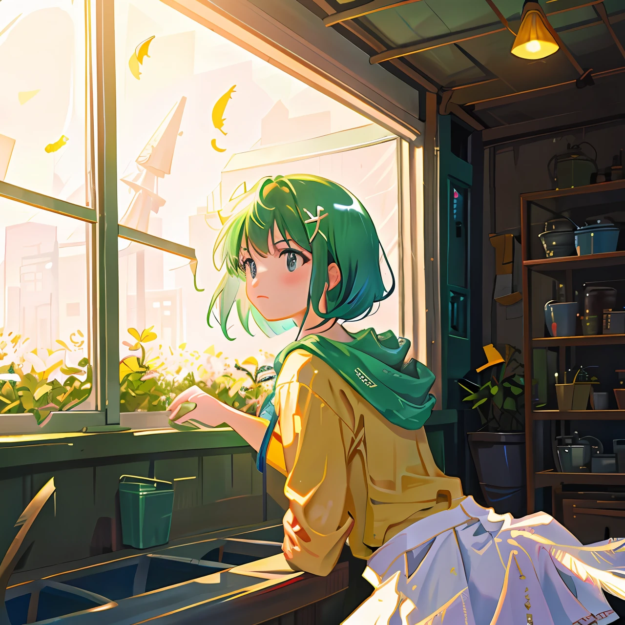 Girl, discarded greenhouse, windowsill, lonely bicycle, light shining in from the side, feathers floating in the air like petals, fantastic