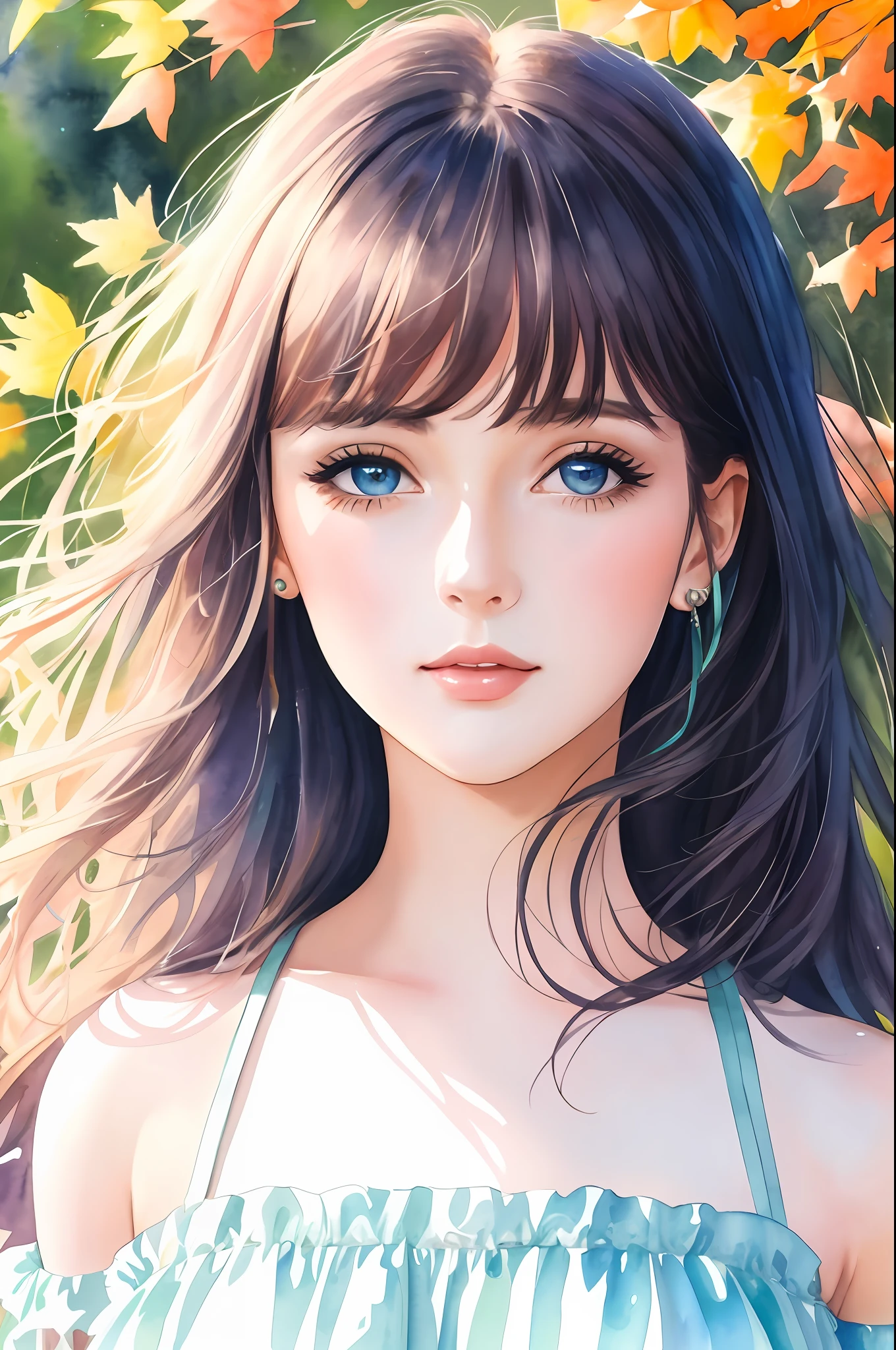 (8K, Best Quality, Masterpiece: 1.2), (Best Quality: 1.0), (Ultra High Definition: 1.0), Watercolor, Beautiful Woman, Shining Eyes, Shoulders, Hair Ribbon, Agnes Cecil, Half-Body Portrait, Very Bright Bright Design, Pastel Colors, (Ink: 1.3), Autumn Light,