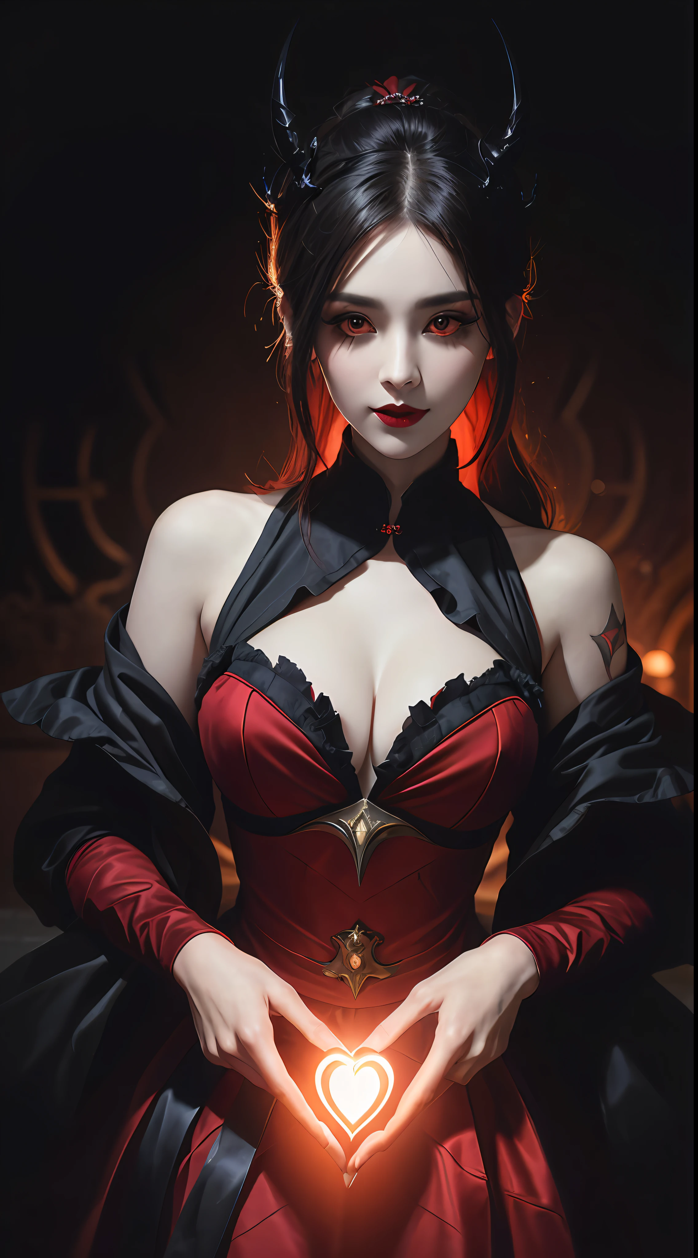 1 beautiful devil woman from hell, In the Dark: 1.6), surreal female portrait by David Hockney and Alphonse Mucha, fantasy art, korea doll, photorealism, dynamic lighting, artstation, poster, volumetric lighting, very detailed faces, 8k ultra, Awarded, in the dark, deep shadow, low key, cowboy lens, (Red phoenix dress: 1.4), long hair, black hair, bust, luxurious palace, Royal style, devil crown, red eyes make up very sharp and detailed, The most beautiful face, The breasts are very big and round and round, Super realistic, chinese women's clothing, polo neck sweater, Charming smile, The eyes are very well made up, guweiz, devil style, wearing black mesh socks, Ponytail with a bow tied at the back of the hair, Red black lips, Devil tattoo on shoulder, wearing a thin red and black robe, the landscape is overcast and thunderous, (Portrait), Close-up of the main character, (Background details 1.8),
