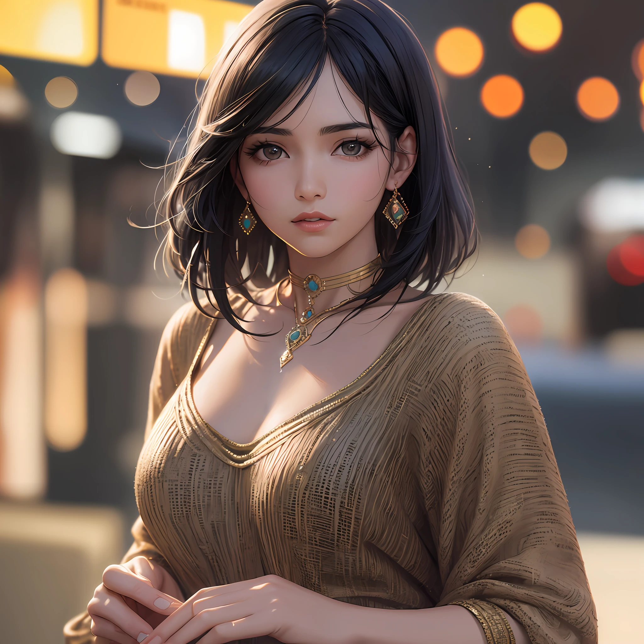 Uma mulher morena, black hair, modern, cinematic lighting, film grain, panorama, bokeh, HD, high details --auto --s2