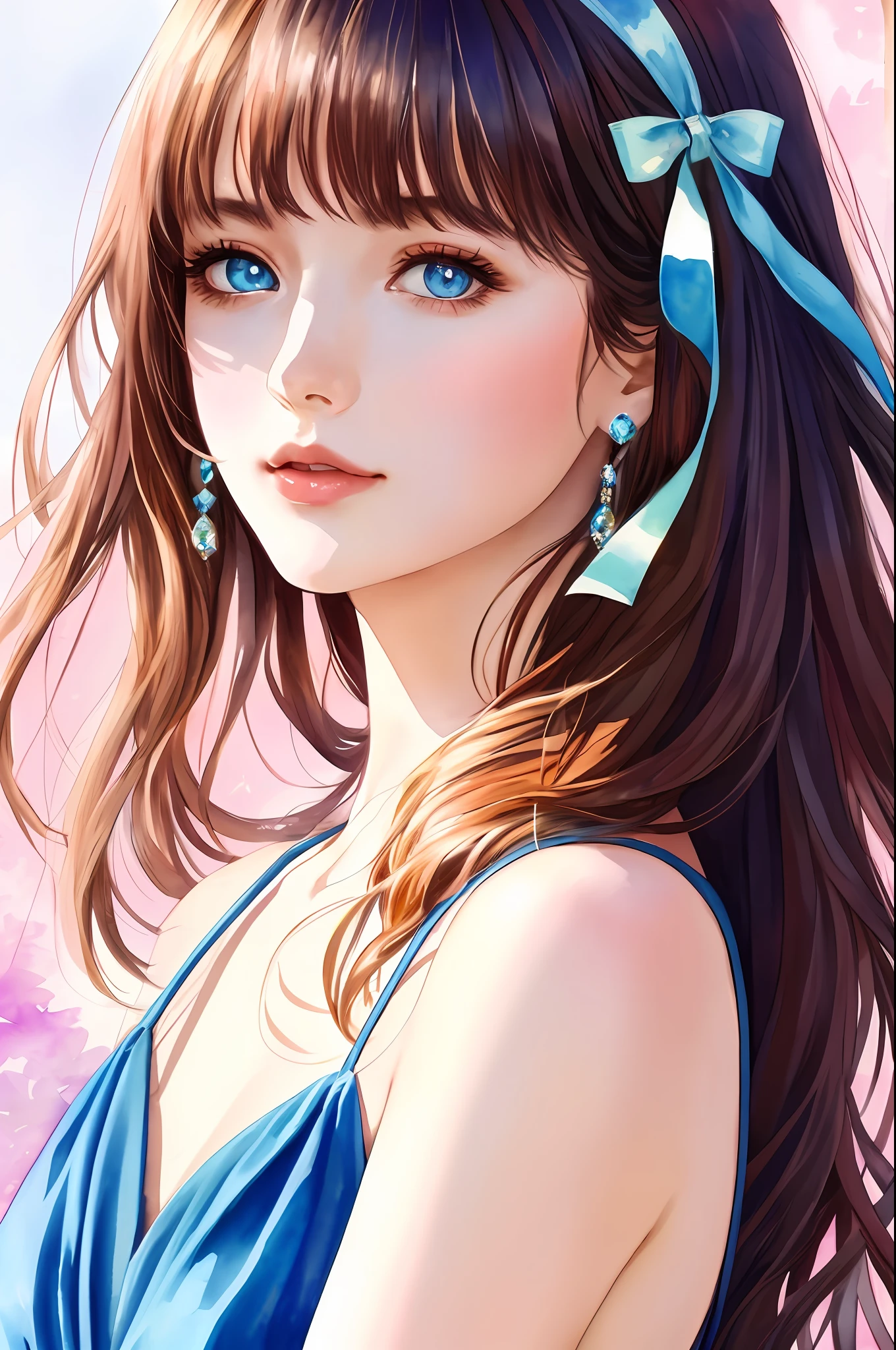 (8K, Best Quality, Masterpiece: 1.2), (Best Quality: 1.0), (Ultra High Definition: 1.0), Watercolor, Beautiful Woman, Shining Eyes, Shoulders, Hair Ribbon, Agnes Cecil, Half-Body Portrait, Very Bright Bright Design, Pastel Colors, (Ink: 1.3), Autumn Light,