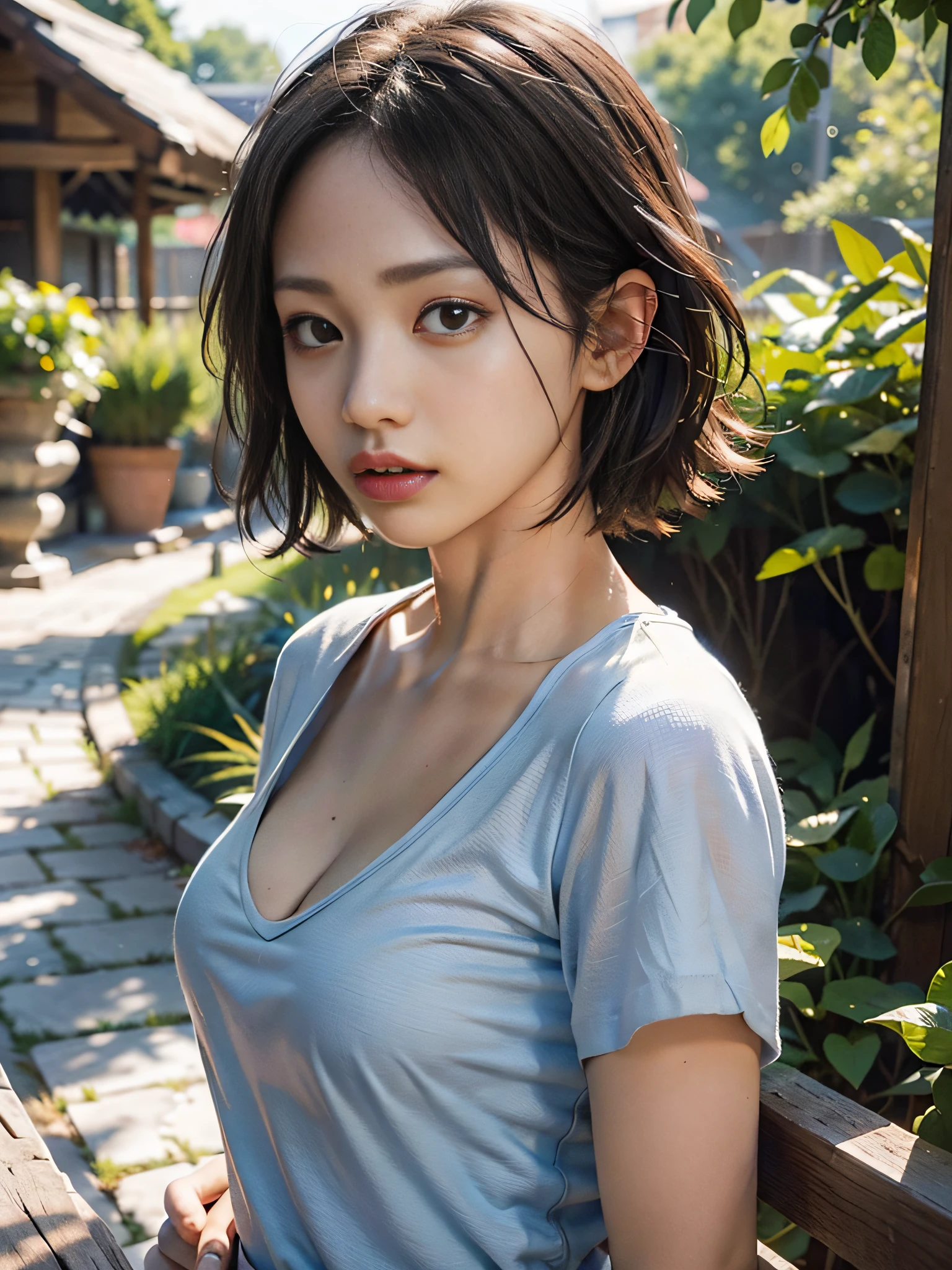 RAW, Masterpiece, Super Fine Photo, Best Quality, Ultra High Resolution, Photorealistic Photorealism, Sunlight, Full Body Portrait, Cleavage, Amazingly Beautiful, 1girl, asian, blue_shirt, blue_sky, blurry, blurry_background, brown_eyes, closed_mouth, day, forehead, lips, looking_at_viewer, nose,outdoors,photorealistic,portrait,realistic,shirt,short_hair,sky,solo,upper_body