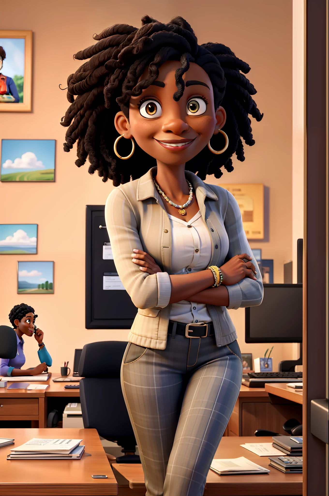 masterpiece, best quality ,Portrait of mid adult successful black mature woman looking at camera with arms crossed. Smiling african american business woman standing in new office .Portrait of mature woman.