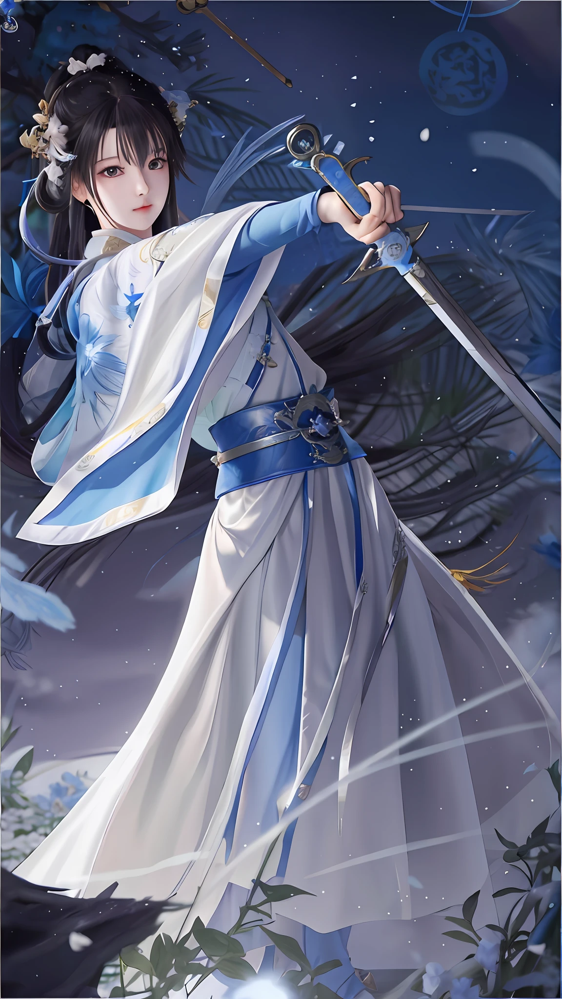 Anime girl wearing a white and blue dress with a sword, Zhao Yun, full body fairy, black Sheng Jin Yao, full body martial arts, Yang Qi, Yang Qi, Yang J, inspired by Cao Zhibai, fairy heroes, mobile wallpaper, Liang Xing, Qu Leilei, Leng Mei, g Liulian art style, redrawn finger holding sword posture,