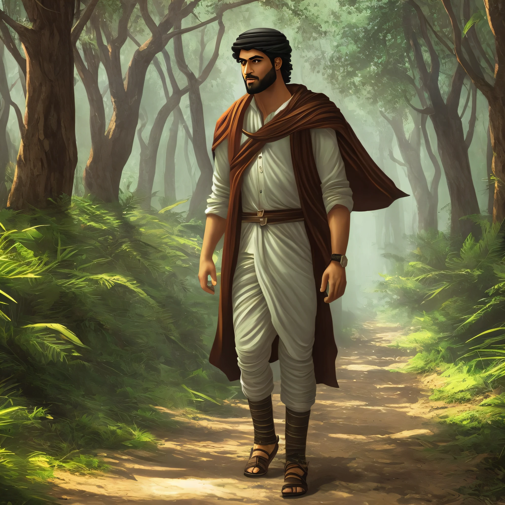 create an Arab character named Samir, walking in the forest of Lebanon, --auto --s2