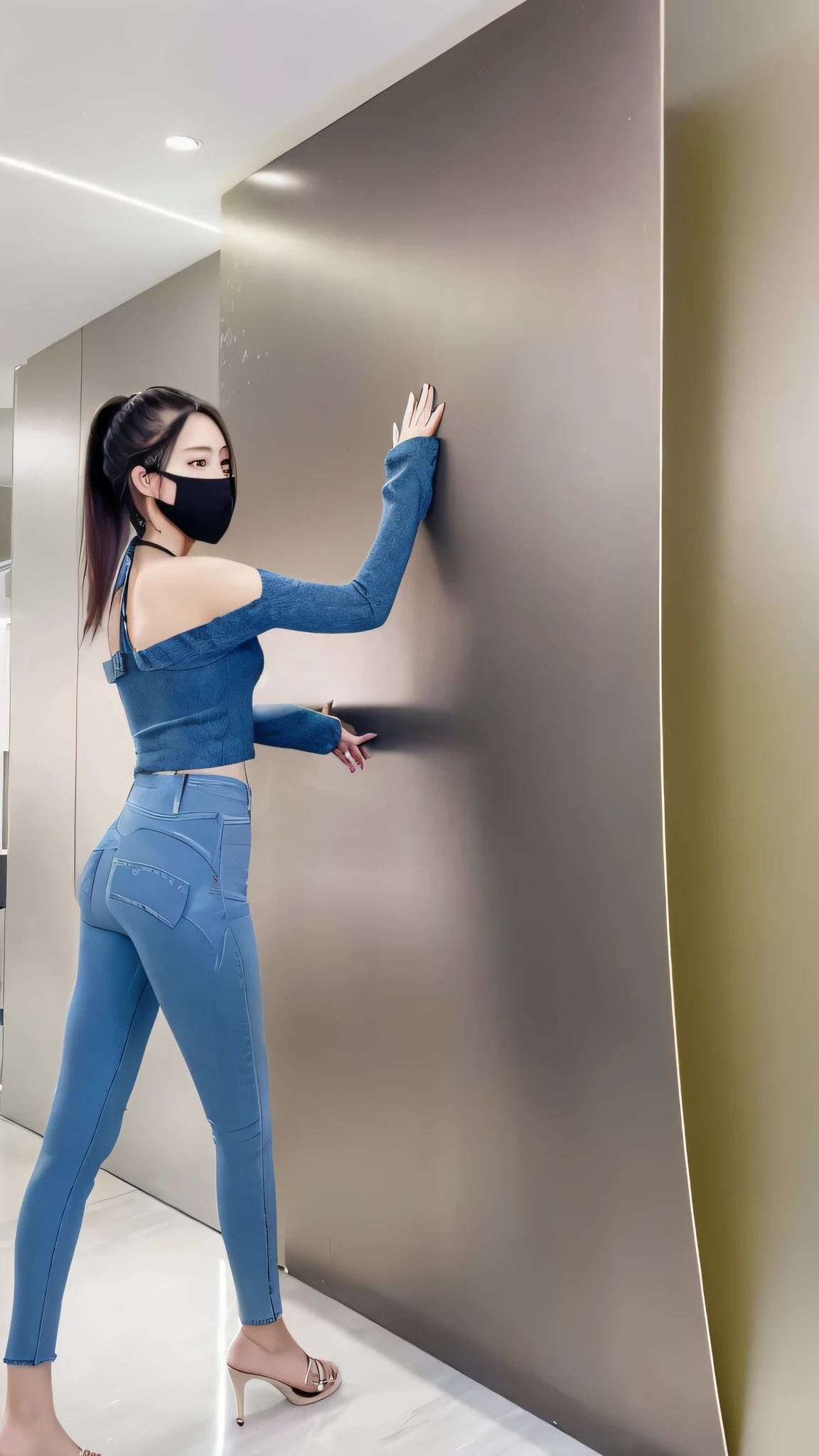 Woman in red top and jeans against the wall, black extremely tight jeans, touching the wall panel, waist tied up to ponytail, ((wearing jeans))), her wardrobe is attractive, gorgeous Chinese model, attractive pose, tight jeans, tight clothes, thicc, woman is curved, ass up, wearing tight simple clothes, wall], leaning against the wall