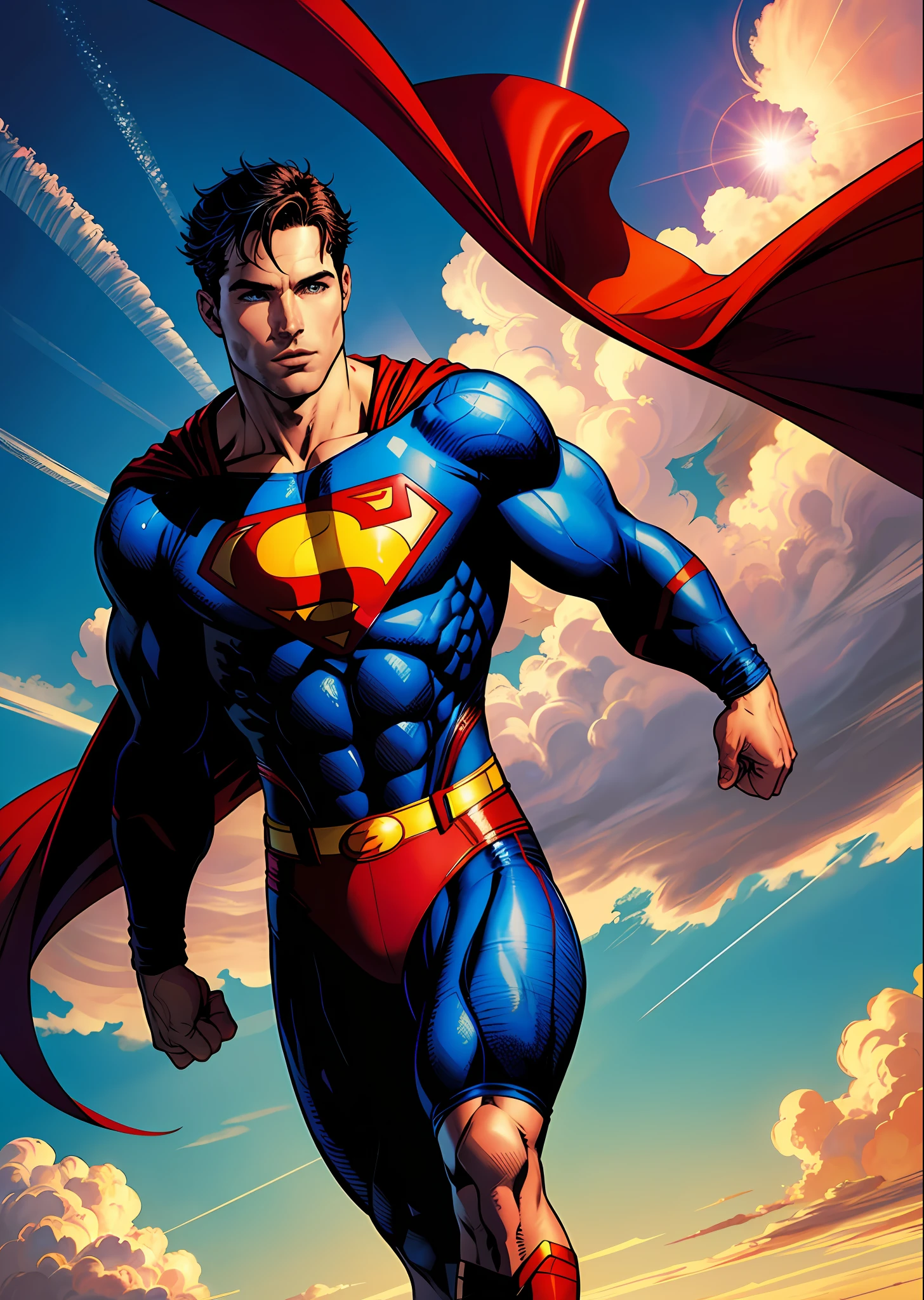 (Luke Macfarlane as Superman), (Art by Jim Lee) Magnificent sky backdrop, dramatic, gorgeous, award-winning masterpiece,