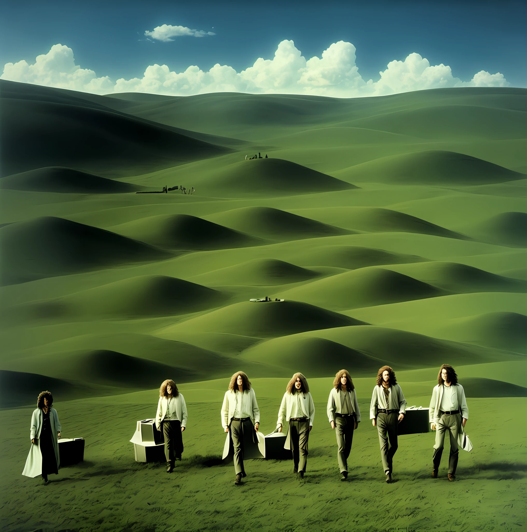 image of a group of people walking in a field, inspired by Scarlett Hooft Graafland, by Scarlett Hooft Graafland, by Storm Thorgerson, inspired by Storm Thorgerson, by Morris Kestelman, hugh kretschmer, surreal scene, david la chapelle, annie leibovitz photography, surrealist photography drawing format