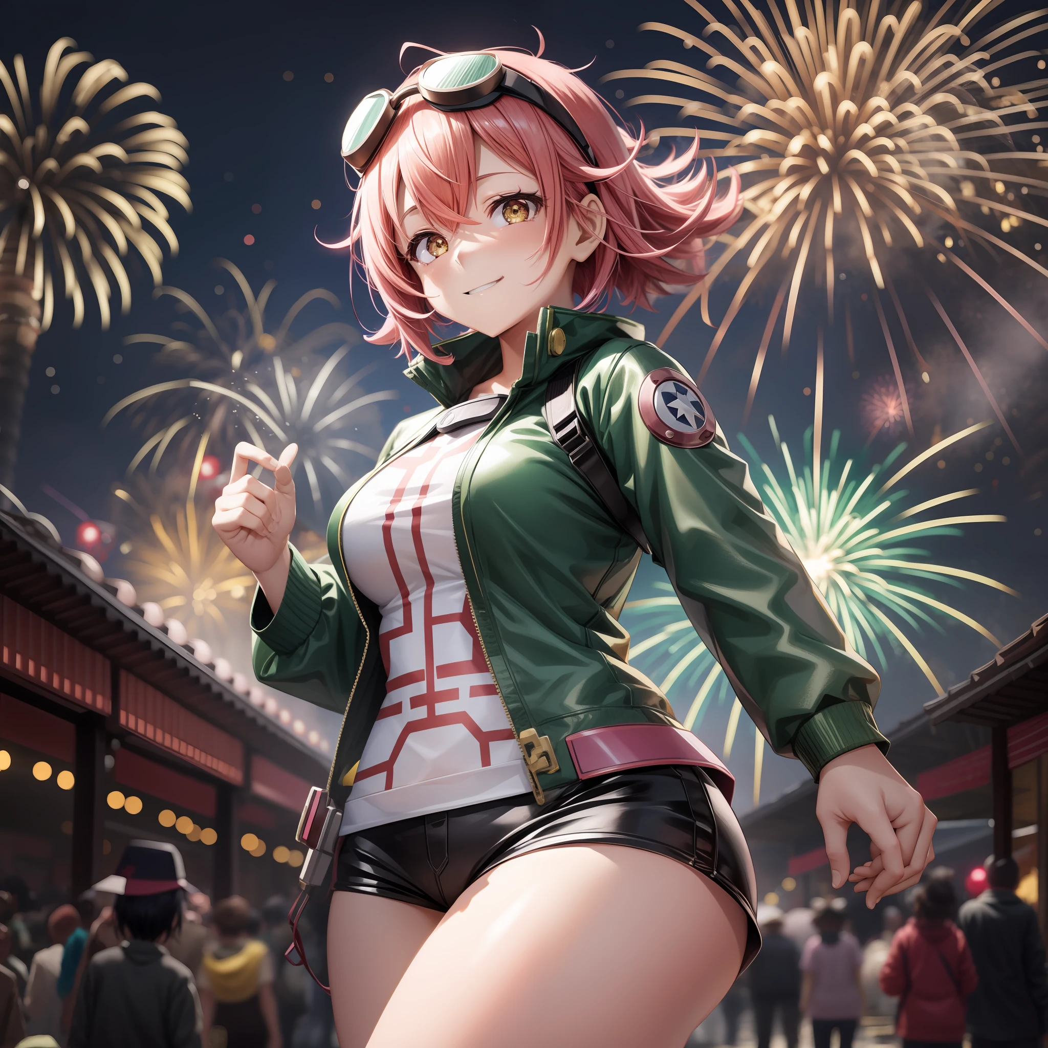 hatsume mei(mha), 1girl solo,pink hair,short hair,goggles on head, chinese clothes,bangs,symbol-shaped pupils, yellow eyes, happy, looking at viewer, outdoors,fireworks,night time,festival, depth of field, fair, perfect face, curvy, highres, leg cutout,cowboy shot,