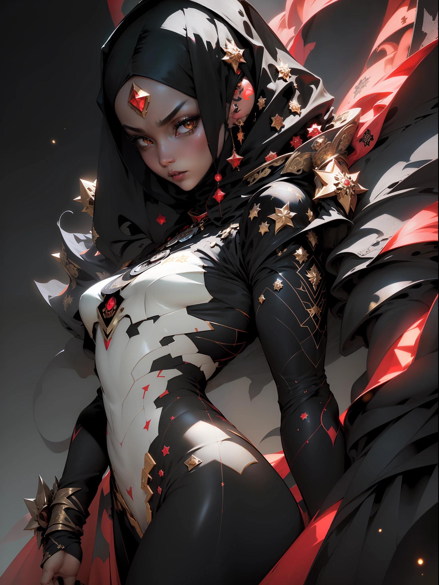 ((Best quality)), ((masterpiece)), (detailed: 1.4), (Absurd), angry princess, (((back))), (((action pose)), (((black Muslim woman wearing long red dress with gold and black ornaments face covered)))), (((burqa))), (((back))), ready for war, dark skinned, black middle eastern woman, sculptural body with defined muscles, closed mouth, muscular body covered by a Hoyoverse-style technological dress, Honkai Impact, Geishin Impast, technological veil covering the face, Veil covering the head, whole body covered by clothing, holding two scimitars, ((small breasts)), (eyes with heavy and very black makeup without pupils), ((red and gold clothing with small black details)), (((short black hair)), (Arabic inscriptions on the arms), ((drawings of golden stars on the arms)), very long eyelashes, heavy eye makeup, lots of jewelry, by mucha, niji --V5, close to real, psychopathic, crazy face, sexy pose, background with a giant Gundam style robot head, 2 piece clothing, diamond shoulder pads, pastel, centered, scale to fit dimensions, HDR (High Dynamic Range),Ray Tracing,NVIDIA RTX,Super-Resolution,Unreal 5,Subsurface dispersion, PBR texture, Post-processing, Anisotropic filtering, Depth of field, Maximum clarity and sharpness, Multilayer textures, Albedo and specular maps, Surface shading, Accurate simulation of light-material interaction, Perfect proportions, Octane Render, Two-tone lighting, Wide aperture, Low ISO, White balance, Rule of thirds, 8K RAW, crysisnanosuit