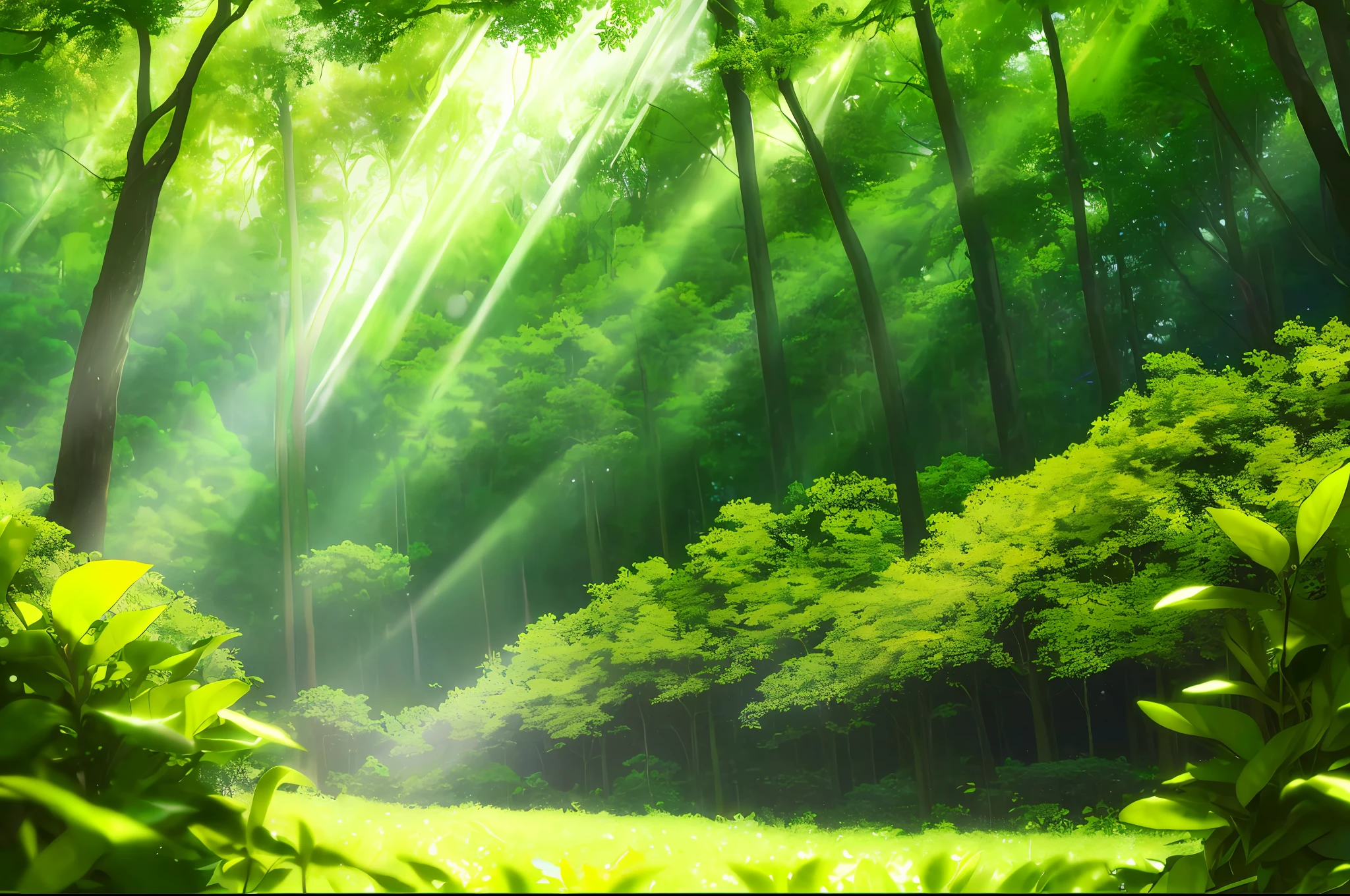 (best quality, masterpiece), a dense forest with rays of sunlight cascading through the foliage, (lush, green), (blurred background, defocused foreground), (immersive, dreamy atmosphere), (nature, serene), (wild, untamed), (emerald, jade, and forest green tint), (subtle sunlit bokeh), (organic vibe).