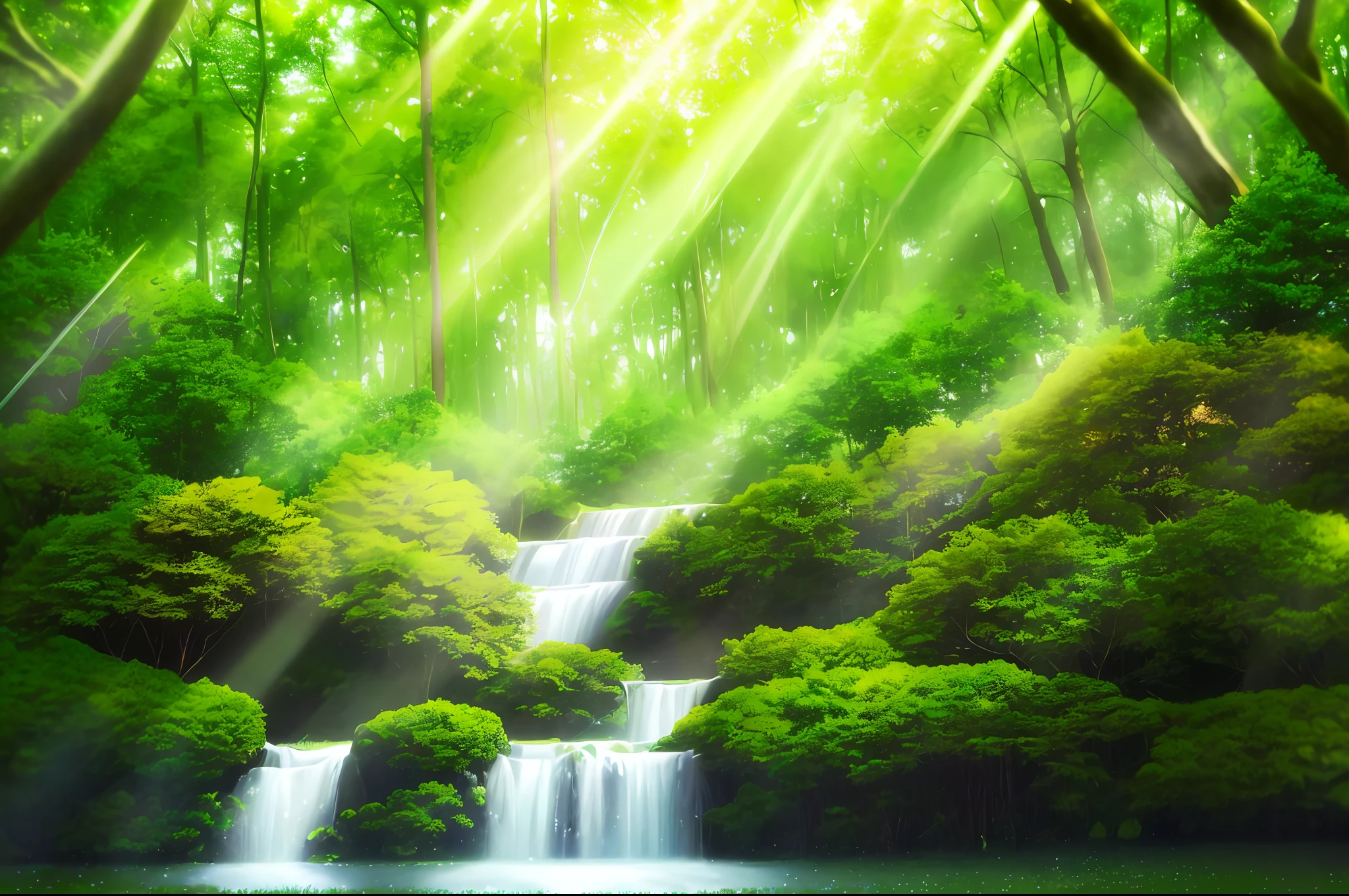 (best quality, masterpiece), a dense forest with rays of sunlight cascading through the foliage, (lush, green), (blurred background, defocused foreground), (immersive, dreamy atmosphere), (nature, serene), (wild, untamed), (emerald, jade, and forest green tint), (subtle sunlit bokeh), (organic vibe).